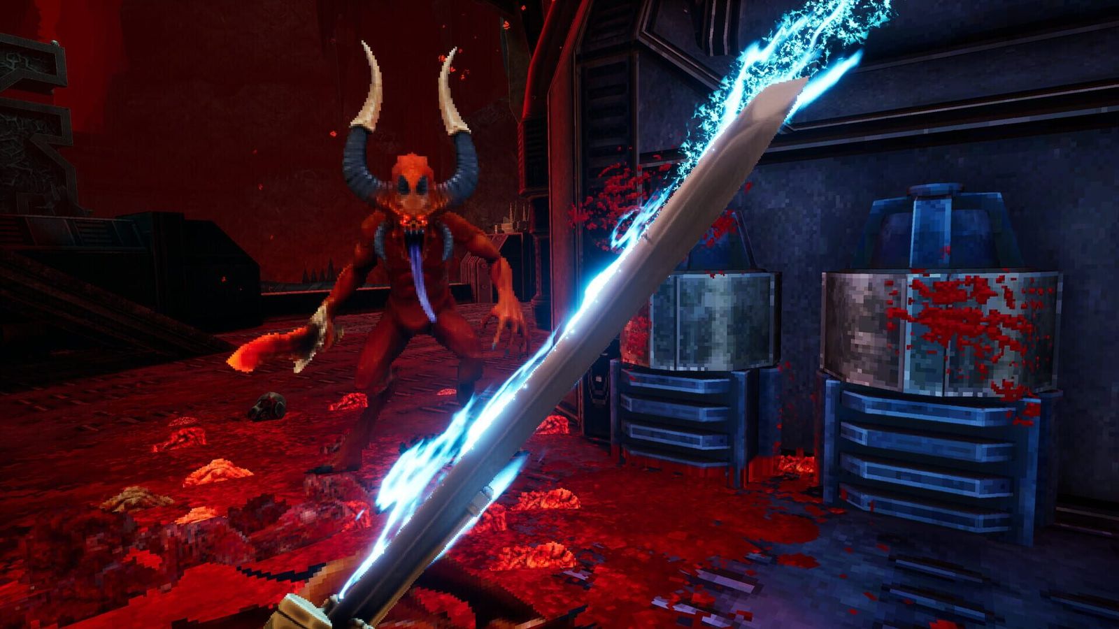 First-person view of a glowing power sword raised against a red horned daemon in a blood-soaked metal corridor