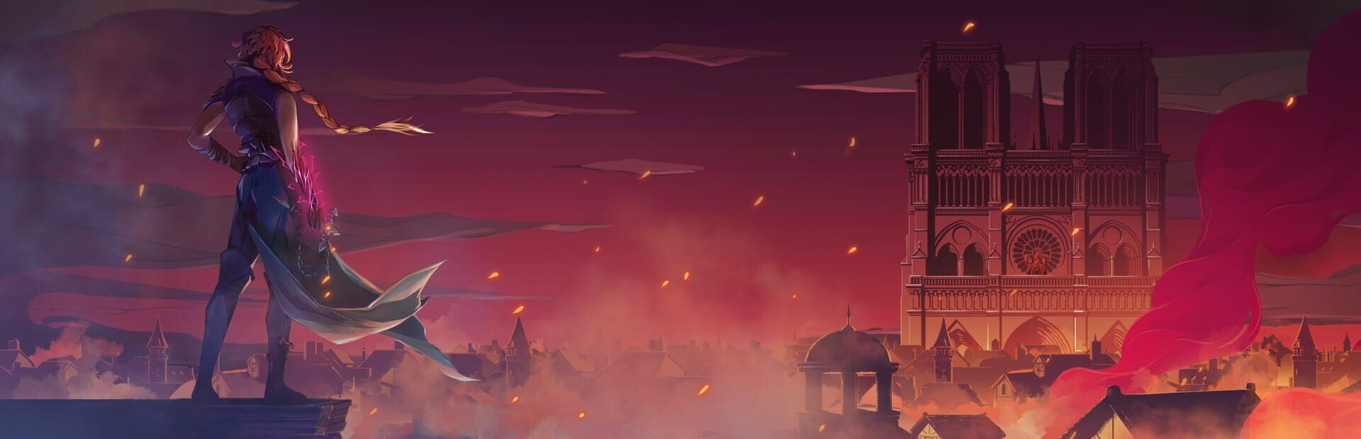 Rose Belmont standing on a rooftop above a burning Paris, with Notre-Dame behind her