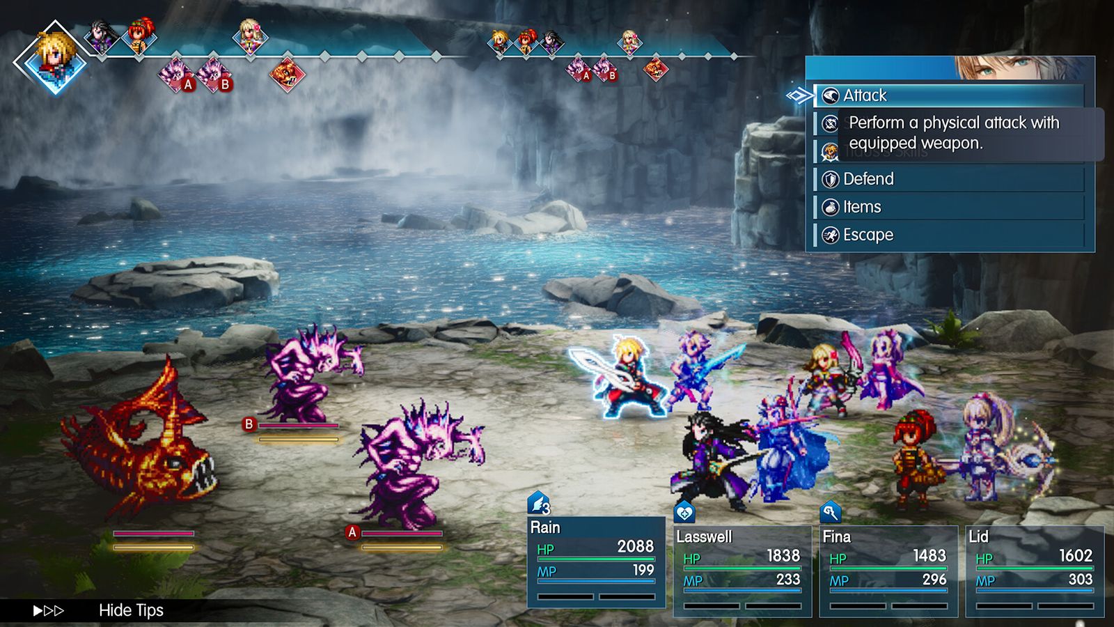 Turn-based battle screen with the turn order along the top and a four-character party facing purple monsters by a lake