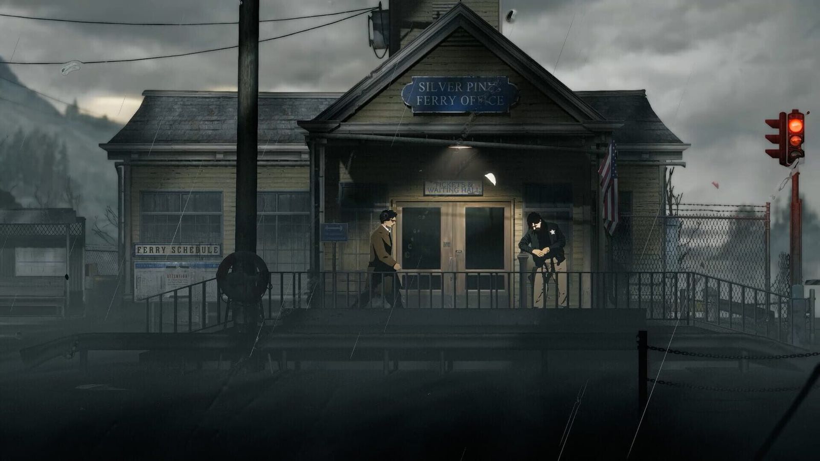 Two figures stand outside the lit Silver Pines Ferry Office on a grey, rainy evening