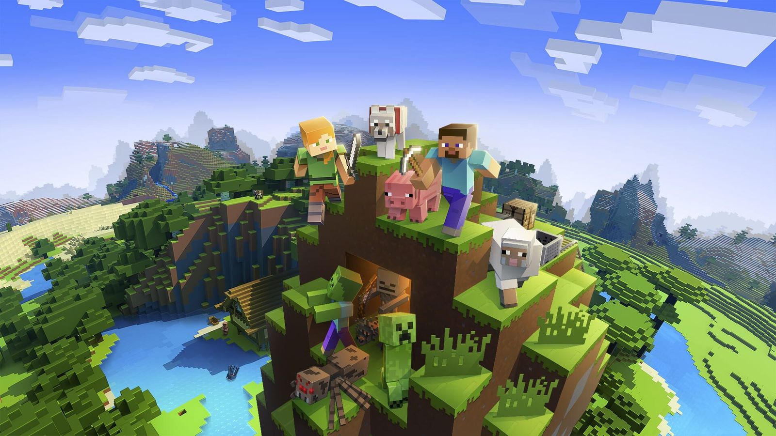 Minecraft key art with Steve, Alex and mobs on a grassy hill