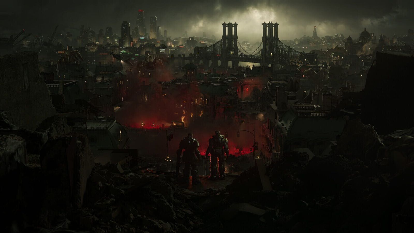 Gears of War: E-Day screenshot of armoured soldiers in a ruined street