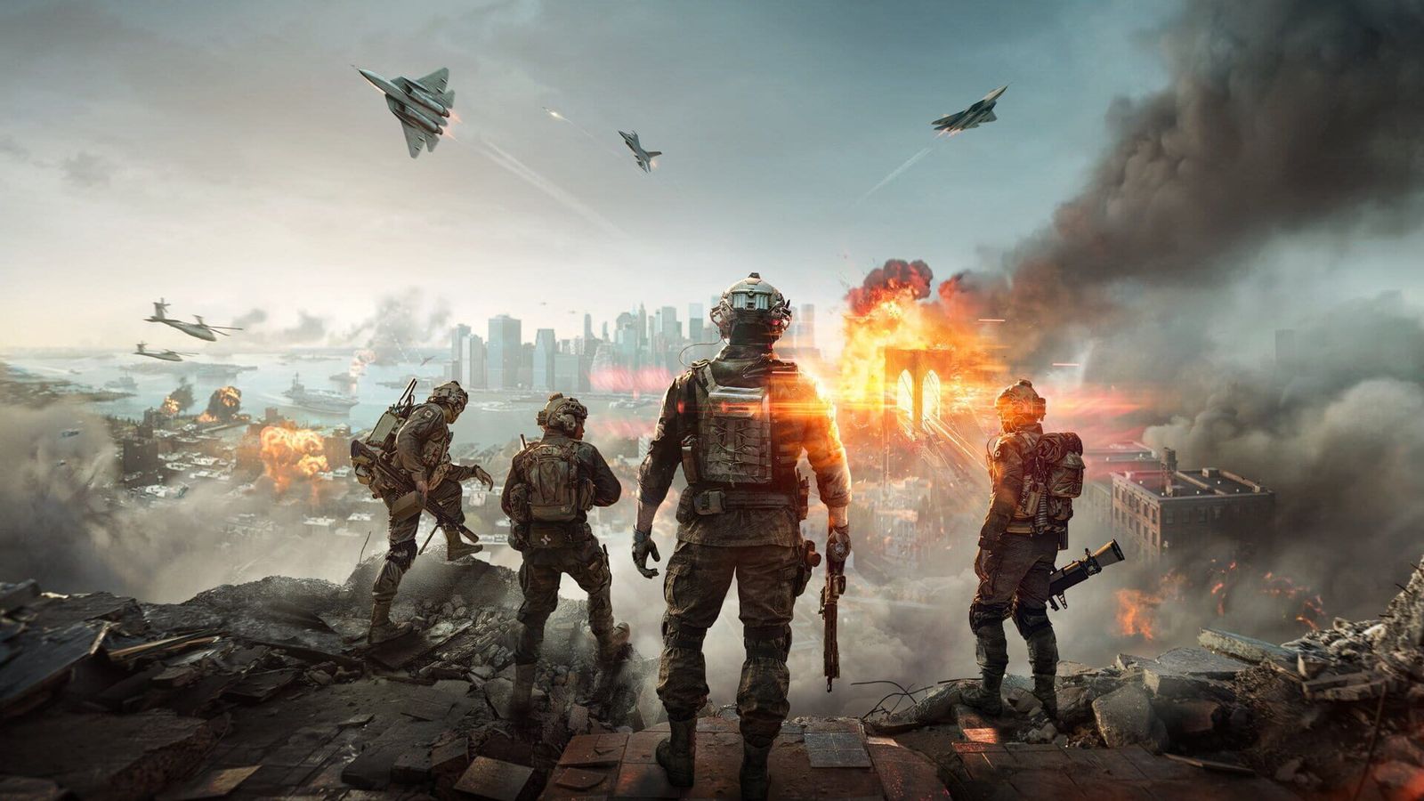 Battlefield 6 key art showing a squad of soldiers on a ruined waterfront while fighter jets and explosions fill the sky