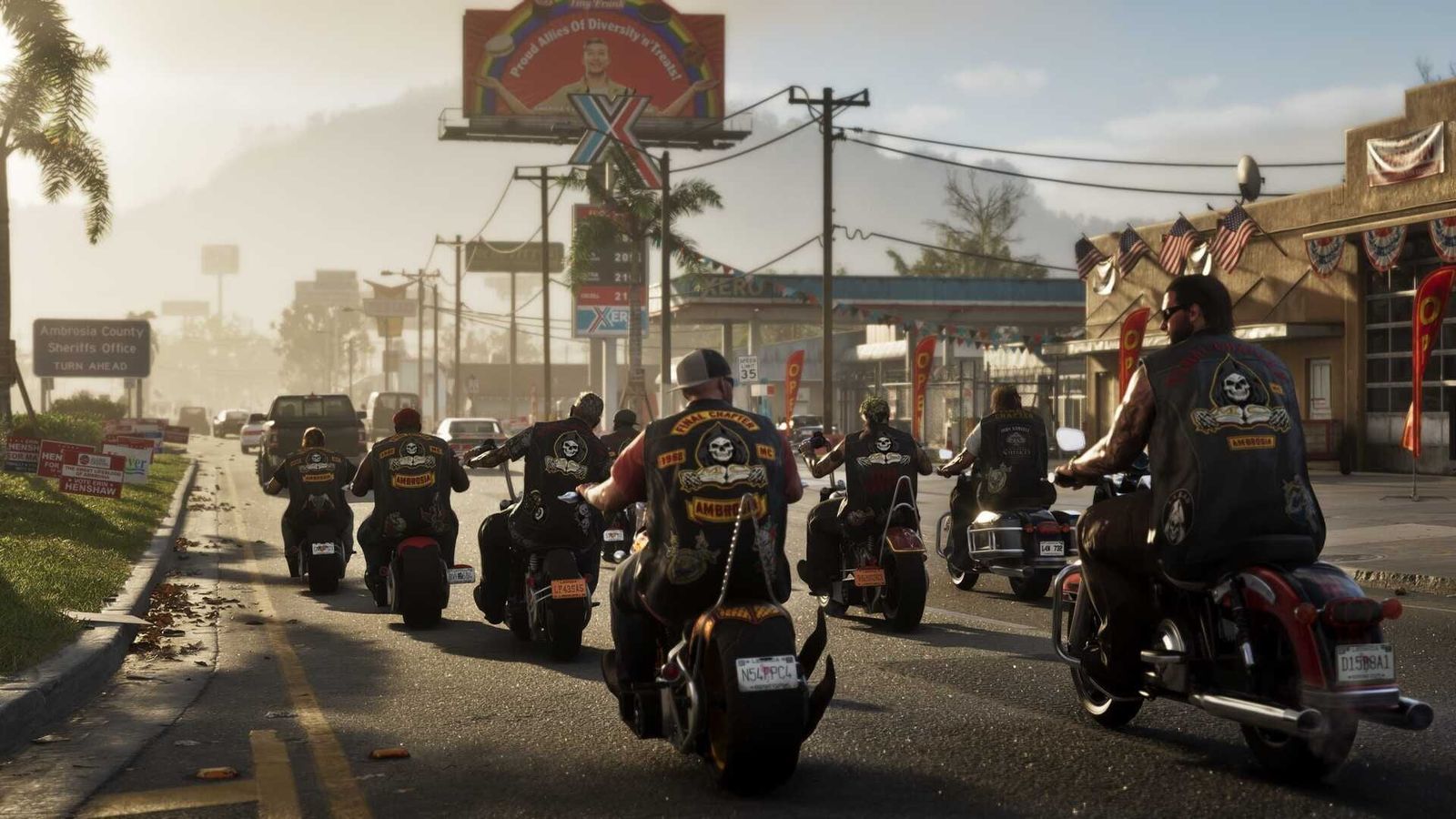 A large group of bikers rides down a sunny road past roadside signs in Grand Theft Auto VI