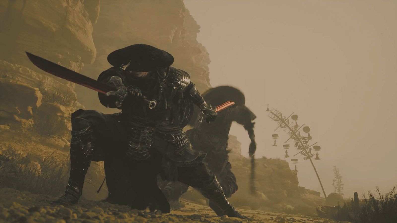 A swordsman in a wide-brimmed hat crouches with a blade drawn in a hazy, sunlit desert canyon in Phantom Blade Zero