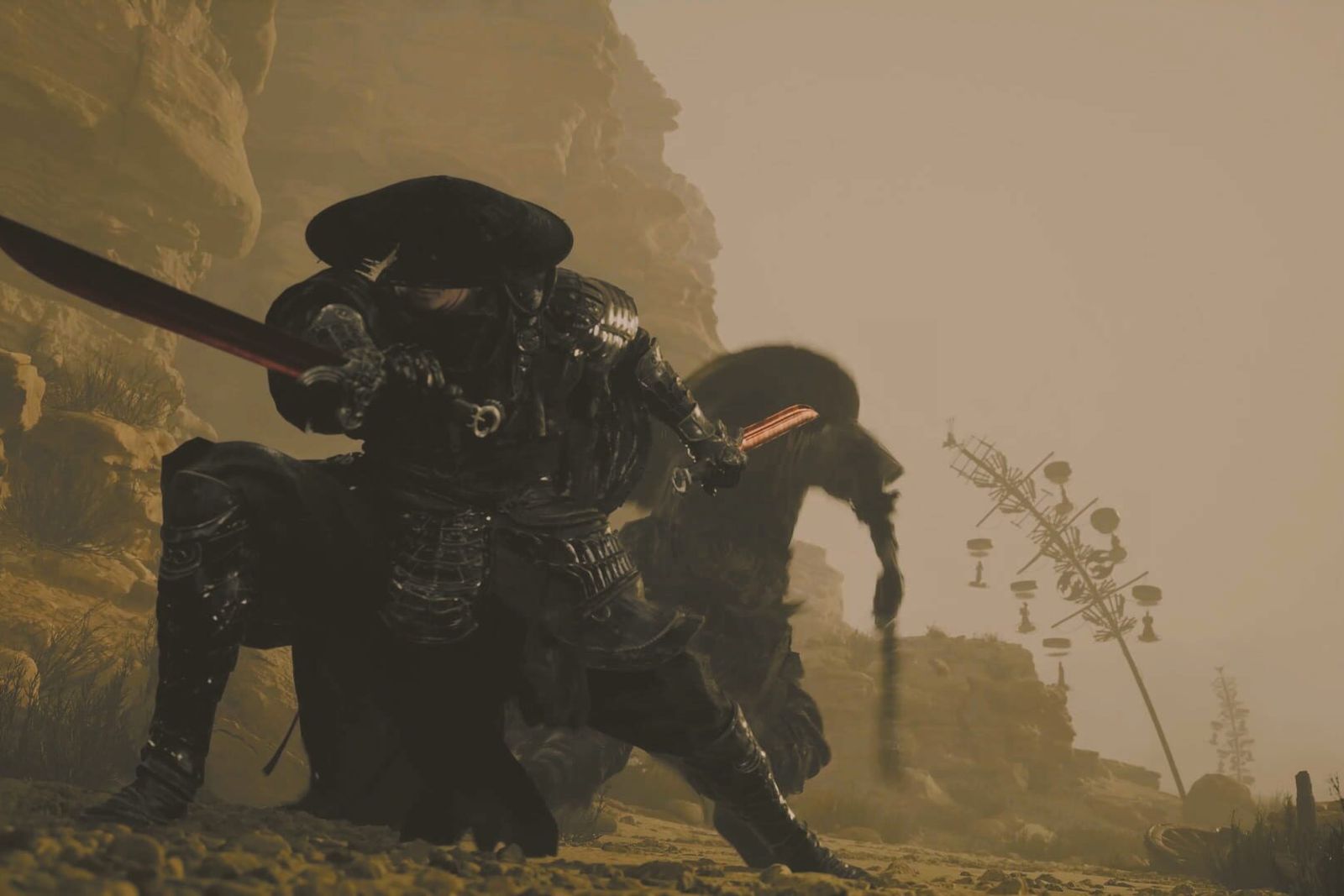 A swordsman in a wide-brimmed hat crouches with a blade drawn in a hazy, sunlit desert canyon in Phantom Blade Zero