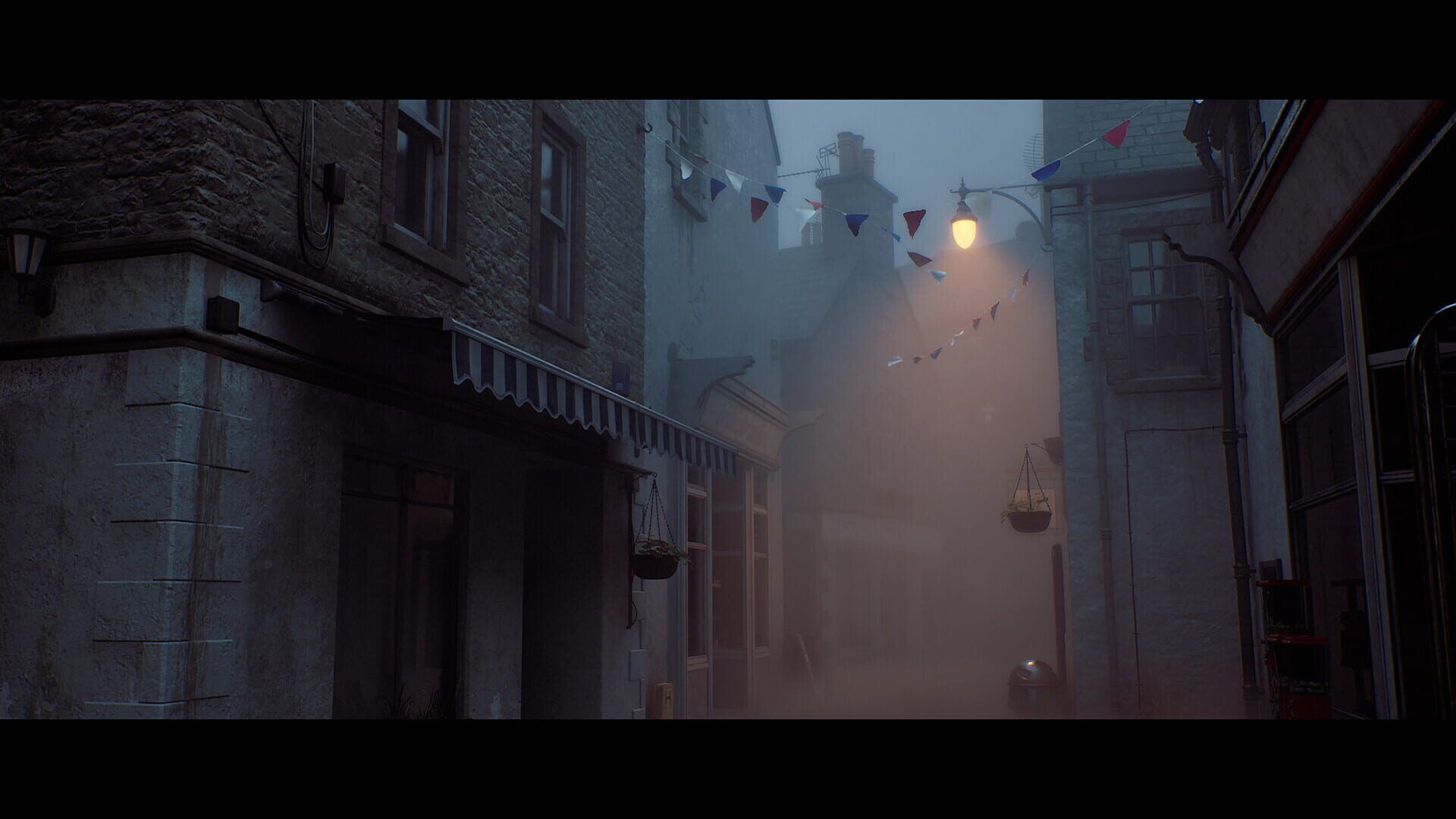 A narrow fog-filled street in St. Amelia with stone houses, a lit lamp and bunting overhead