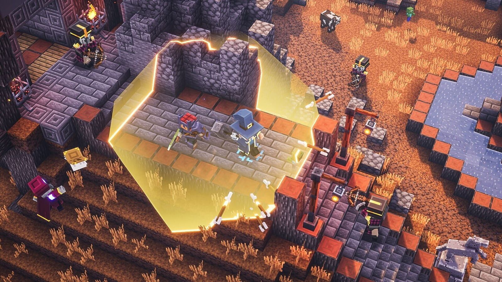 Two heroes fighting illagers inside a glowing yellow shield on a stone platform in the original Minecraft Dungeons, seen from above