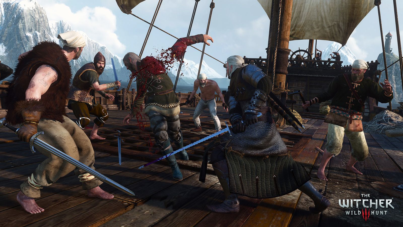 Geralt fighting a group of pirates on the deck of a sailing ship in The Witcher 3