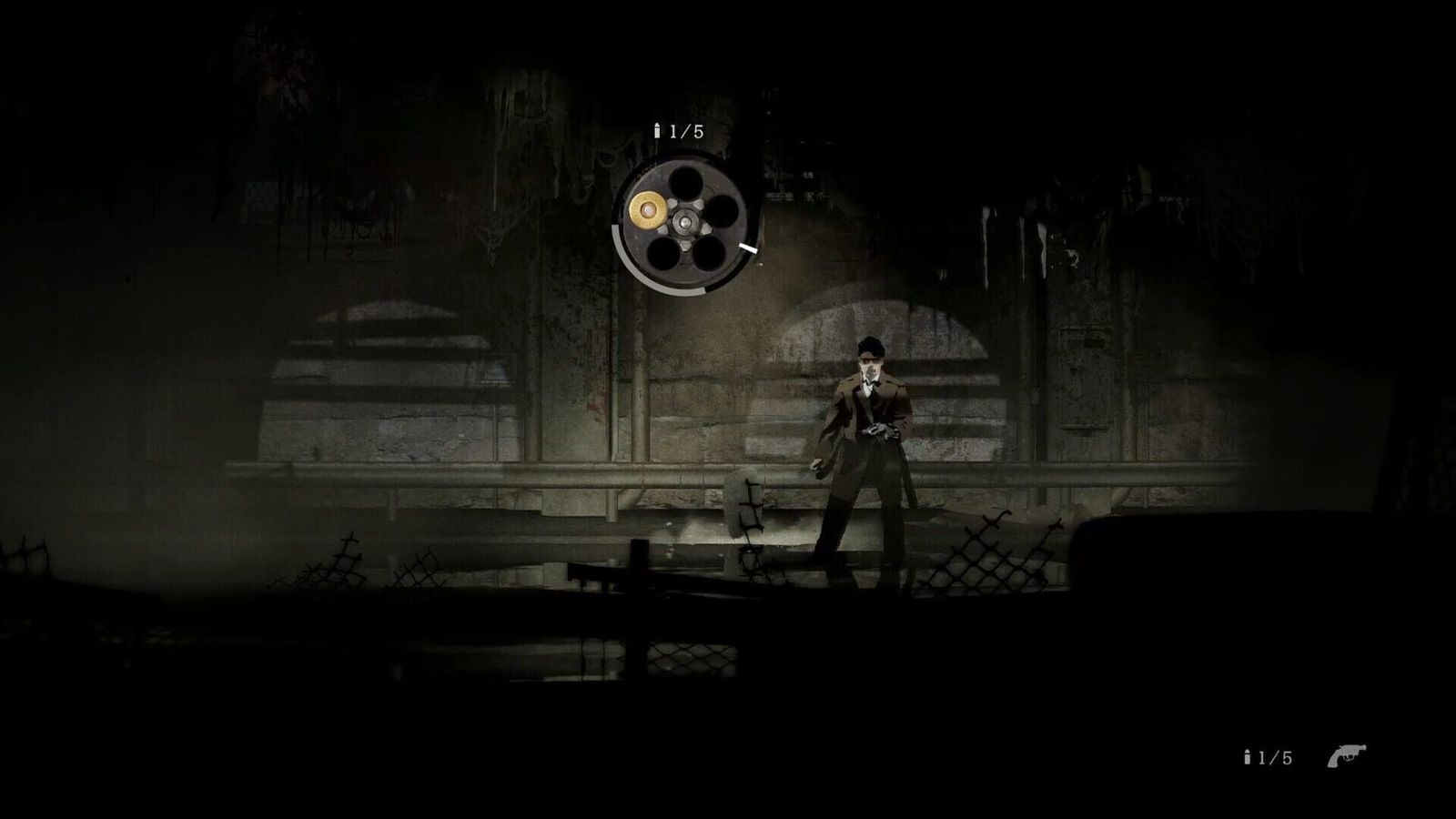 Red Walker aims a revolver in a dark tunnel while a cylinder icon shows his remaining rounds