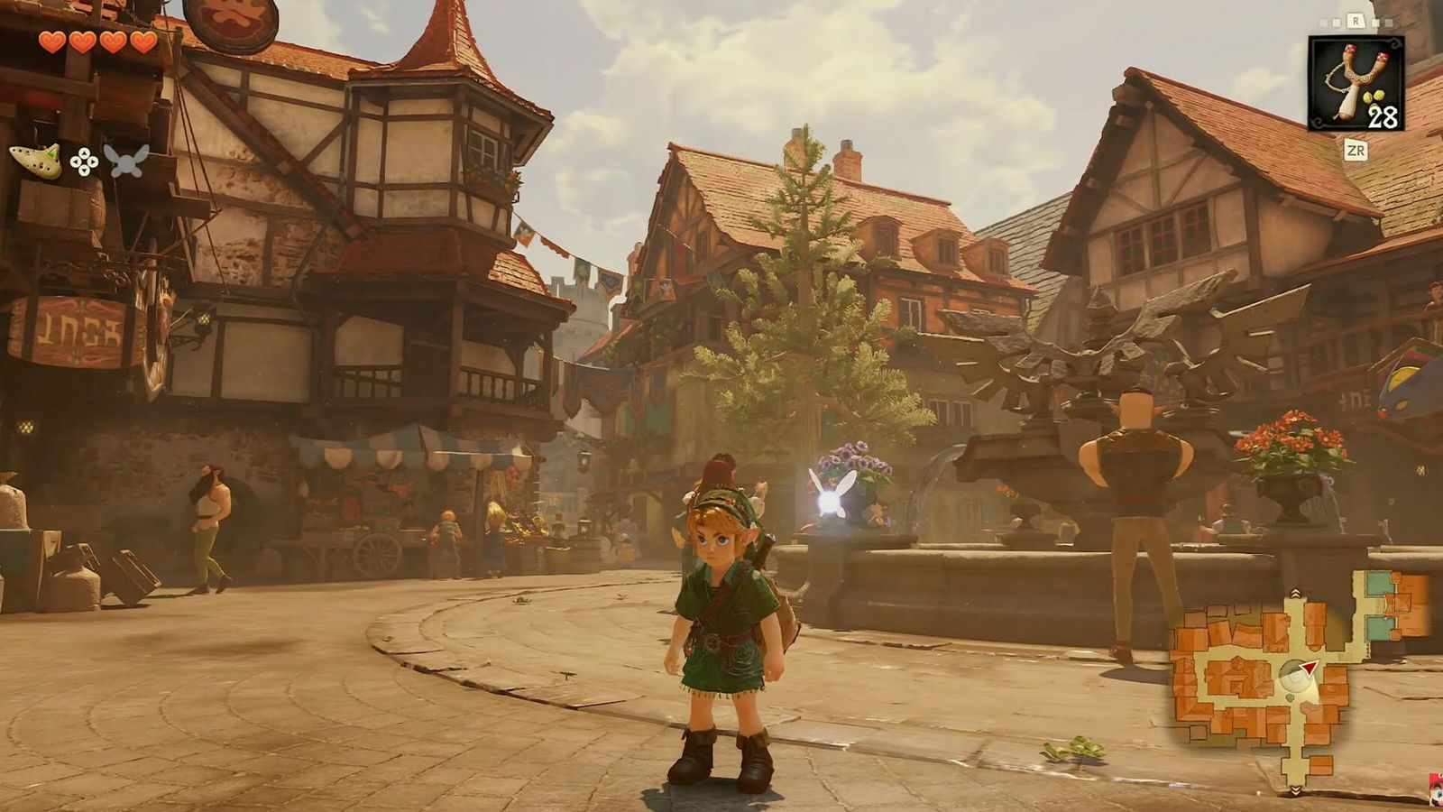Young Link standing in the Castle Town market square in the Switch 2 Ocarina of Time remake