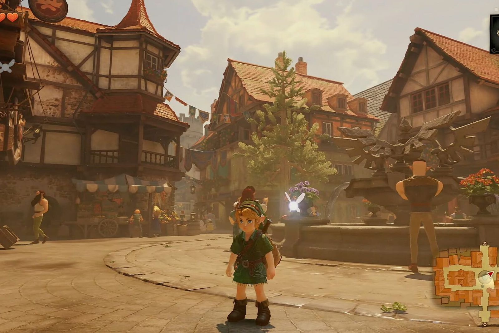 Young Link standing in the Castle Town market square in the Switch 2 Ocarina of Time remake