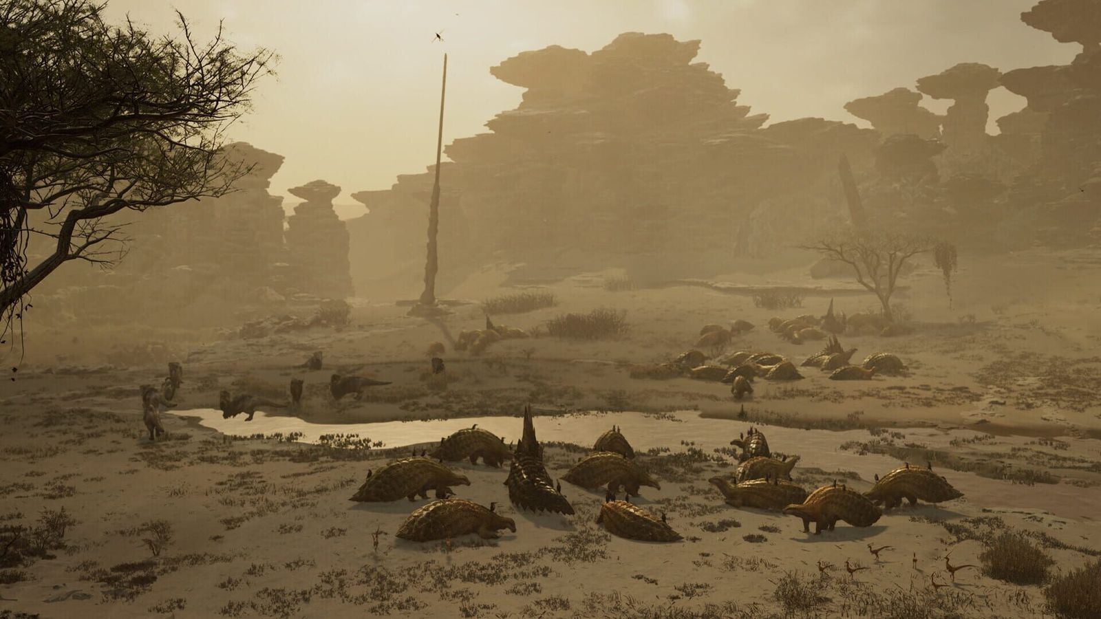 A herd resting around a waterhole at dawn in the Windward Plains