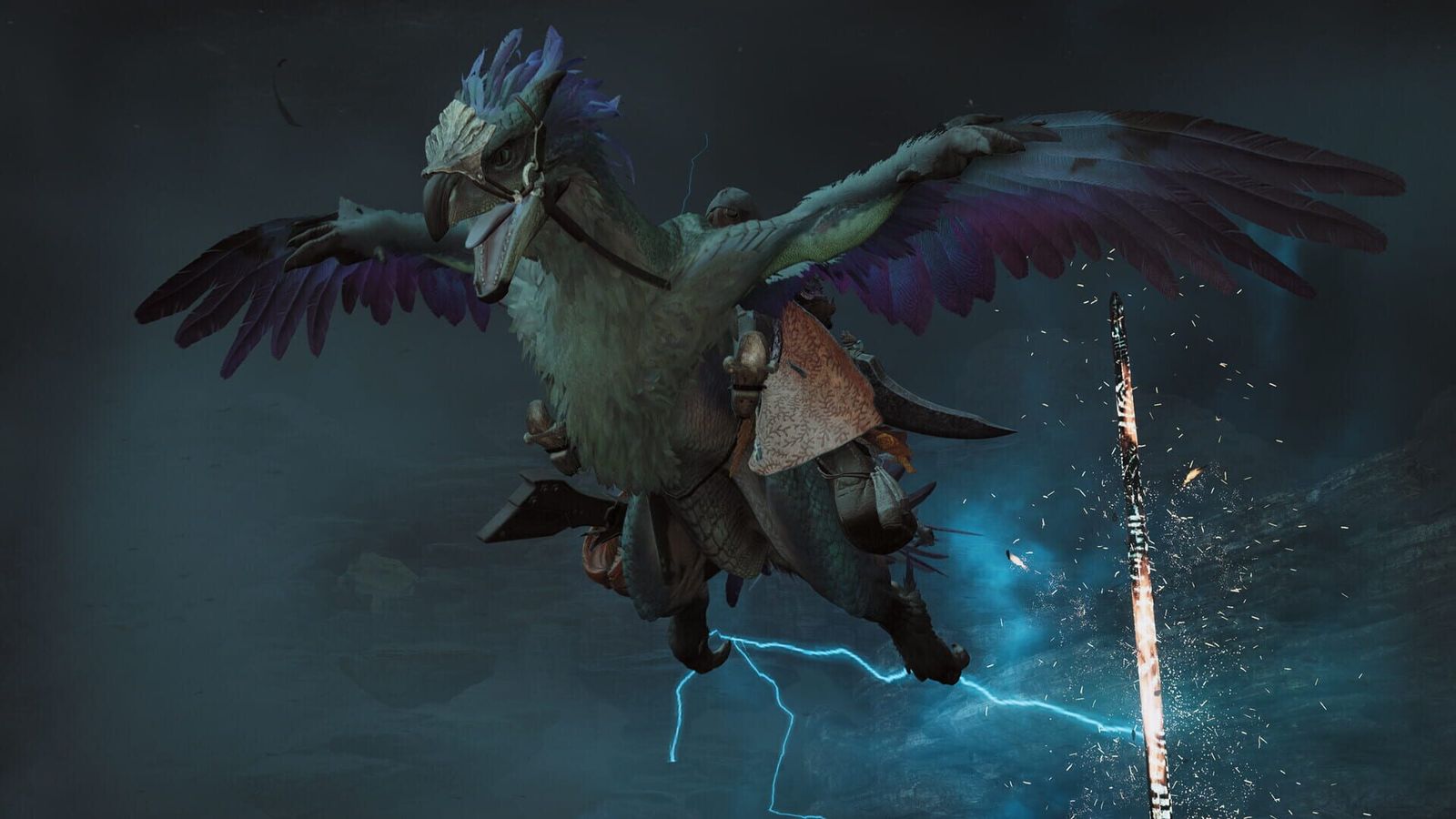 A hunter carried through the air by a winged Seikret amid lightning