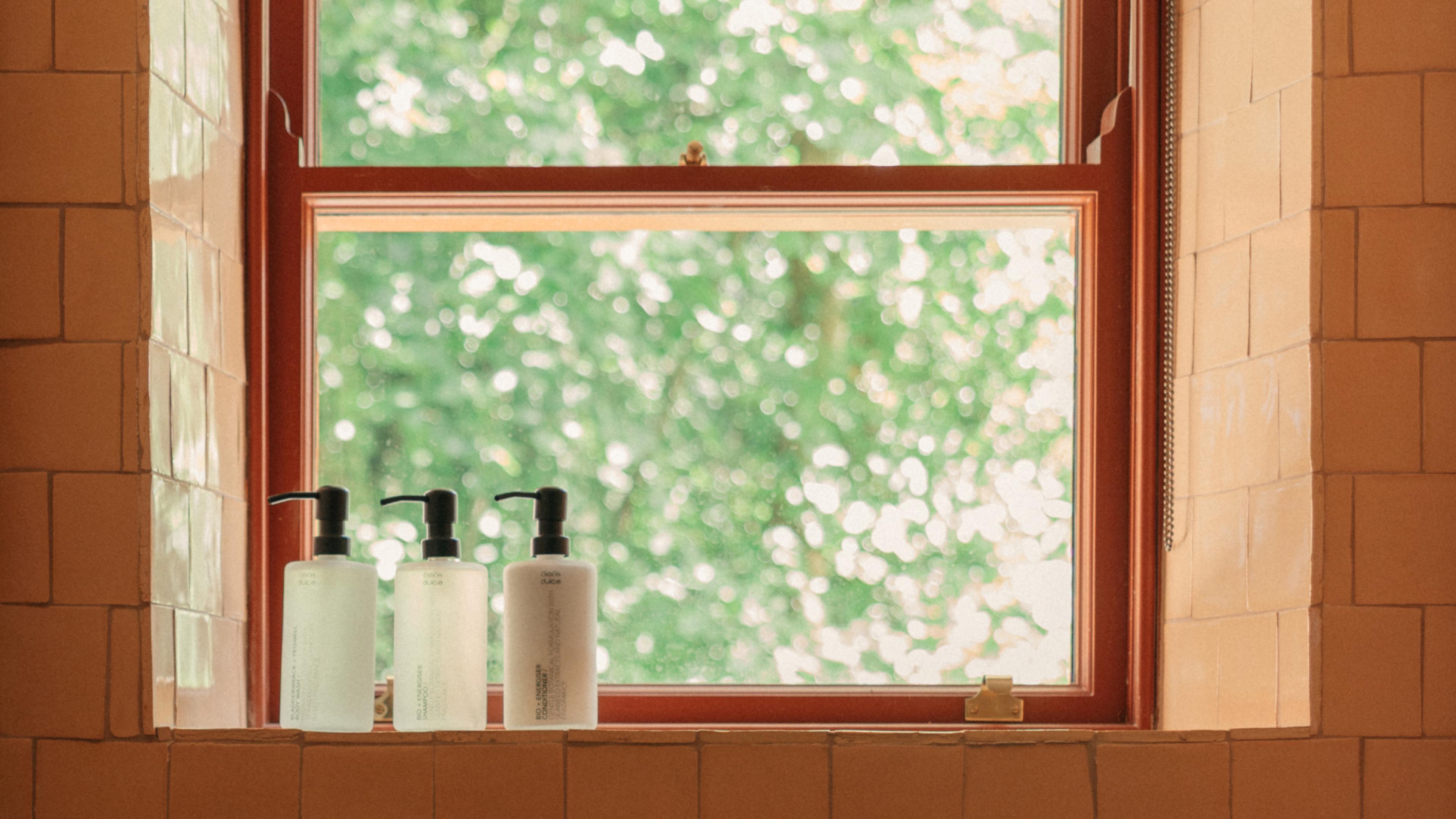 Three pump bottles of toiletries on the tiled sill of a sash window in the Brook View room, with sunlit greenery outside