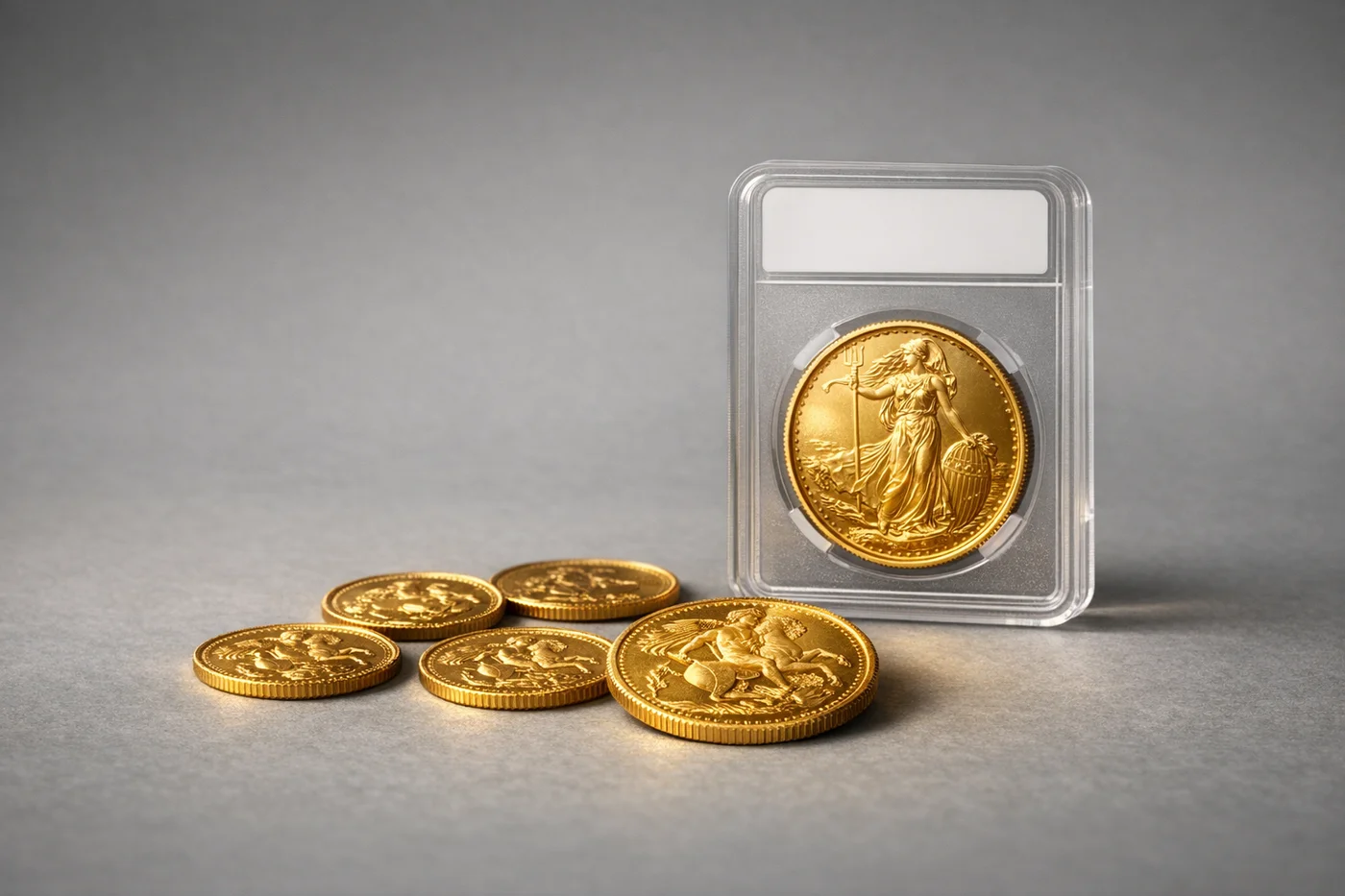 Gold Sovereigns and a Britannia beside a graded coin in a clear slab holder