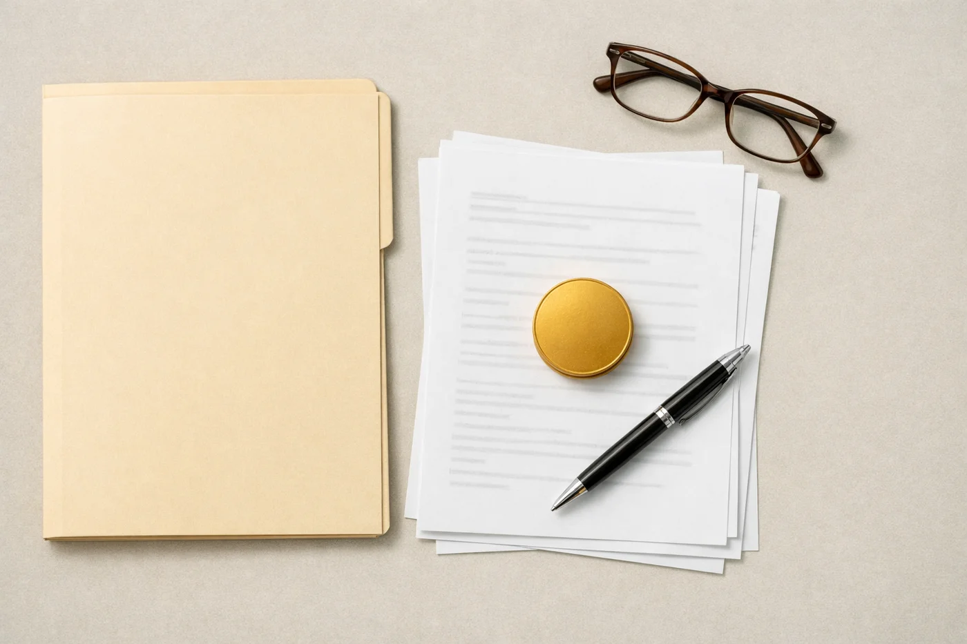 A desk with a document folder, printed papers, a pen and a gold coin used as a paperweight