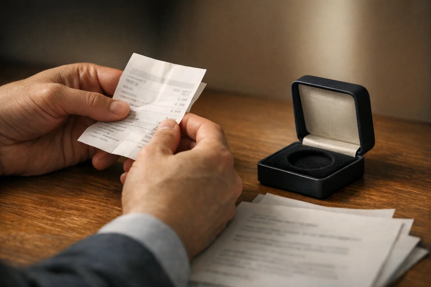 Hands holding a folded purchase receipt and a small coin presentation box