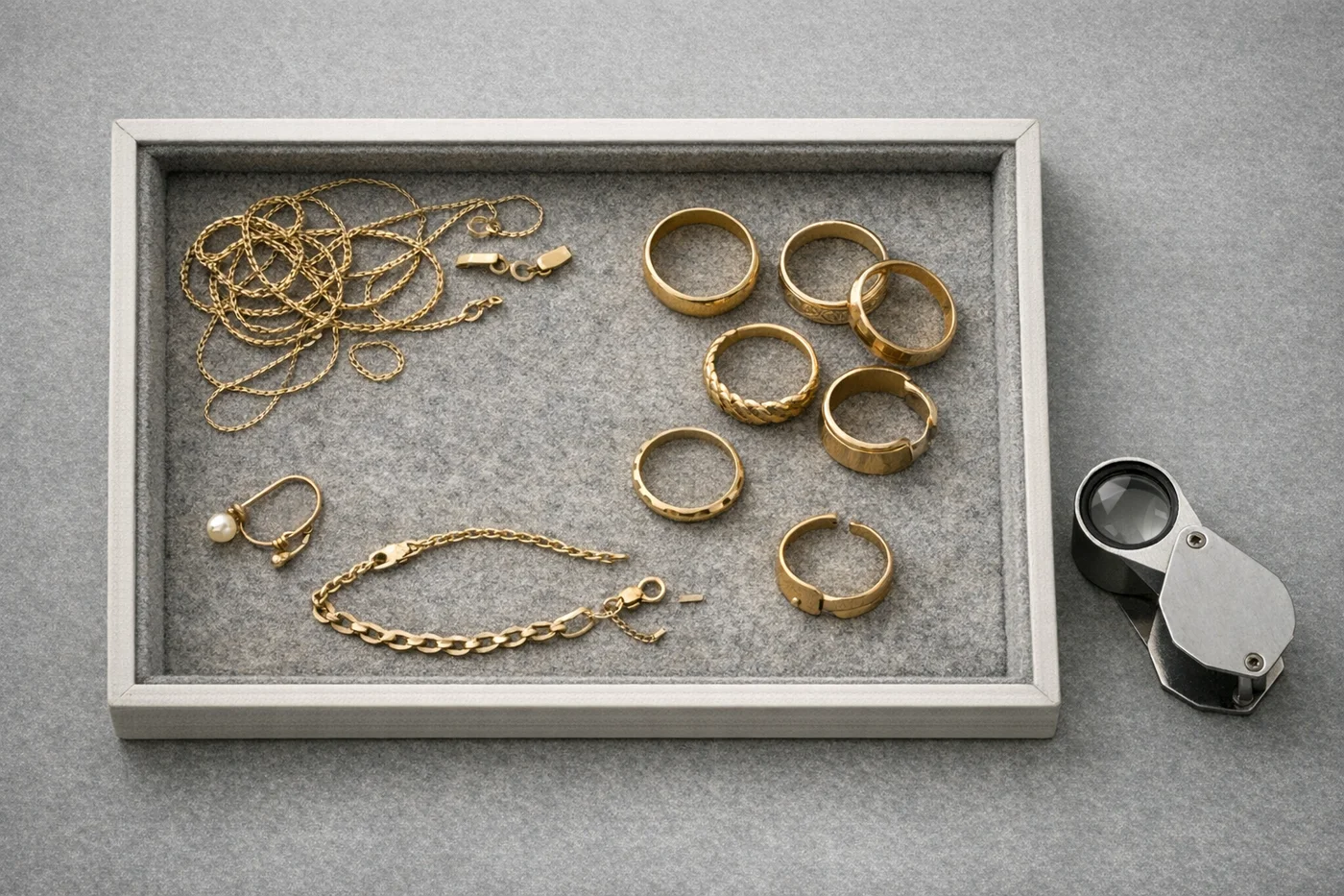 A jeweller's tray of mixed second-hand gold jewellery with a loupe alongside