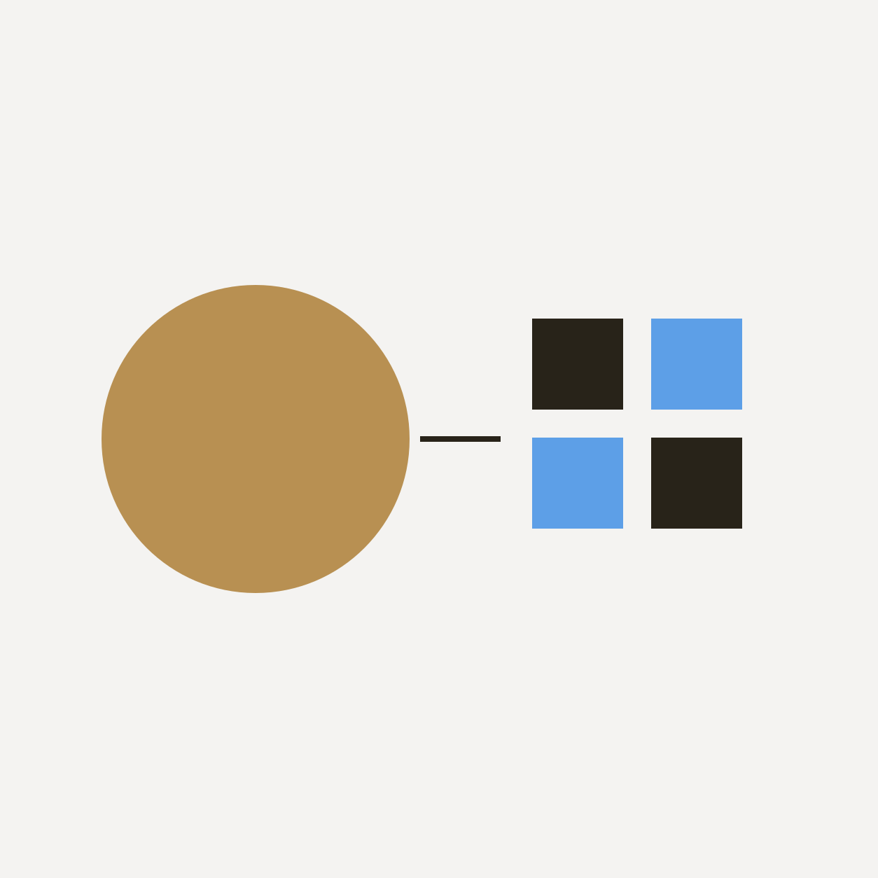 A gold circle connected to a structured grid of source blocks, representing AI-assisted gold research and verification.