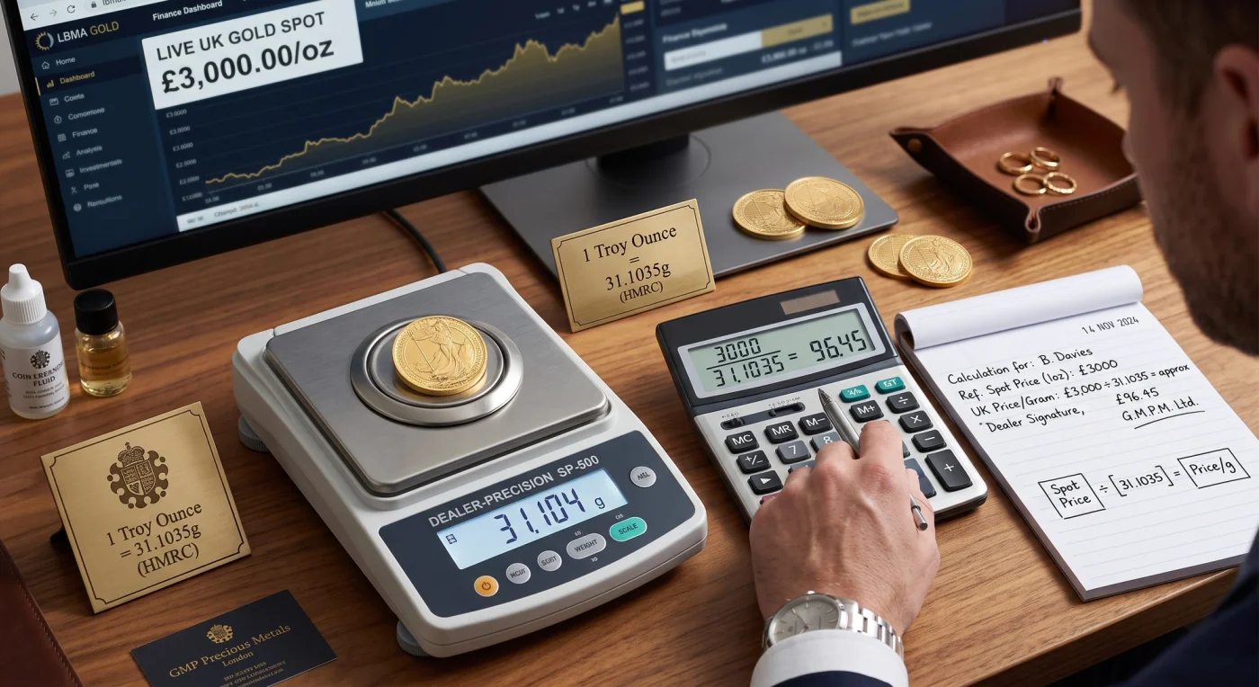 Digital scale weighing a 1 troy ounce gold coin next to a calculator showing UK price per gram rates.