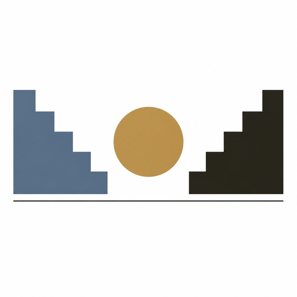 A gold circle between descending blue steps and rising dark steps, representing two opposing inflation signals.