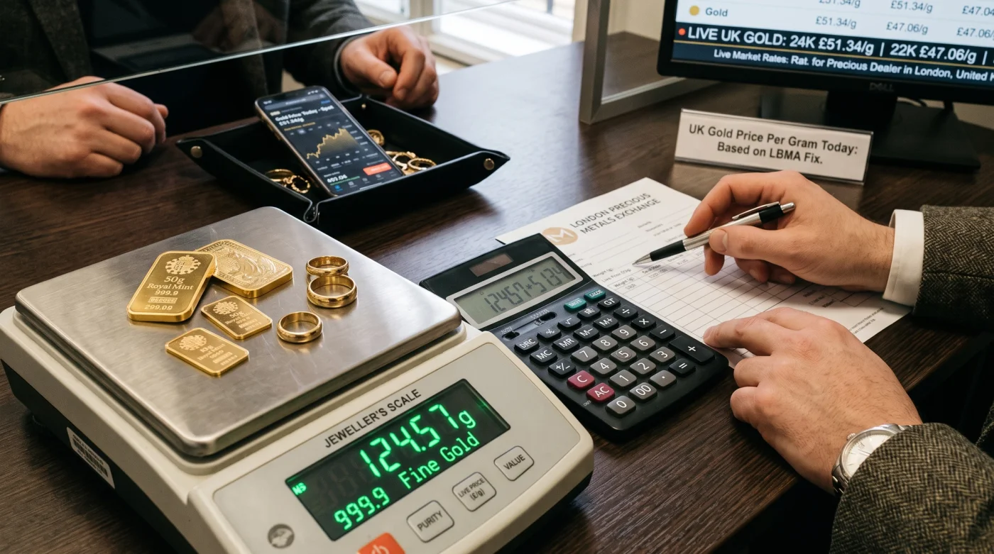 A digital scale displaying gold weight in grams next to gold bars