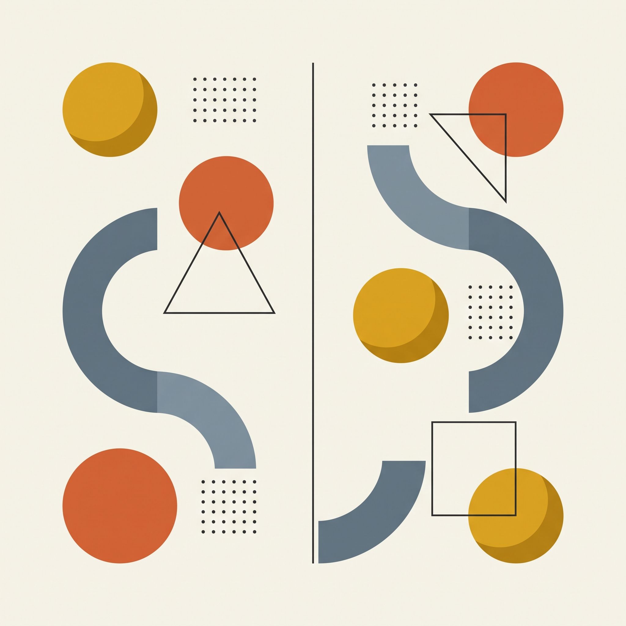 Minimalist Bauhaus geometric with mustard-yellow spheres, terracotta suns, slate blue arcs, and wireframe shapes.