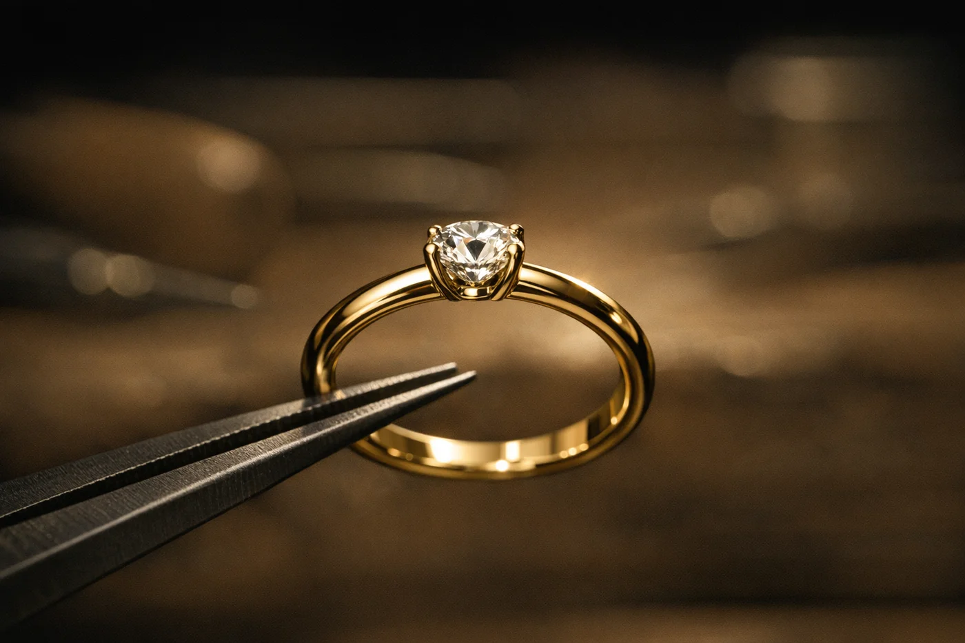 A gemstone-set gold ring held in jeweller's tweezers at a workbench