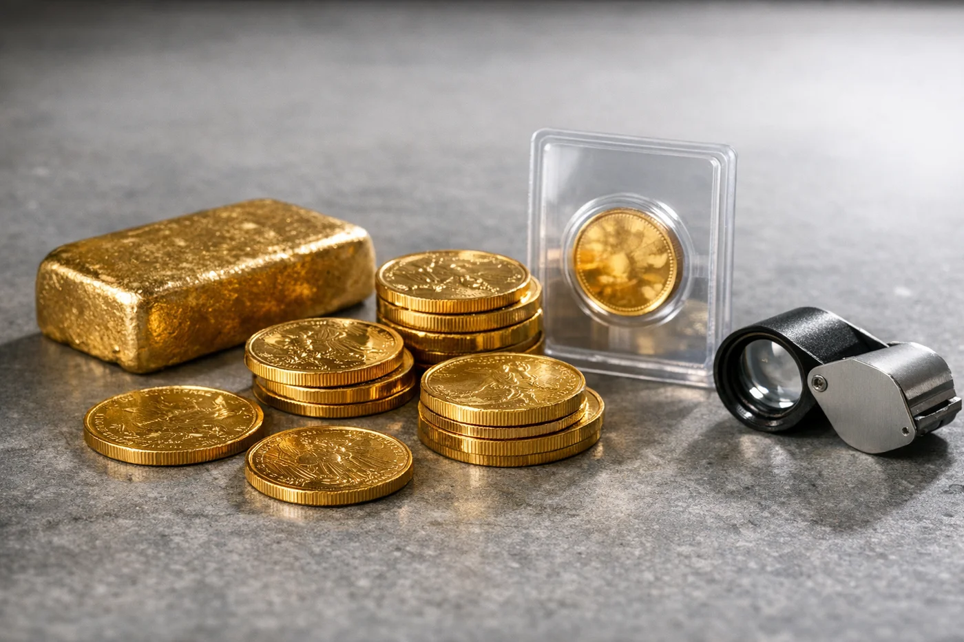 A cast gold bar, loose bullion coins and a slabbed graded coin with a jeweller's loupe