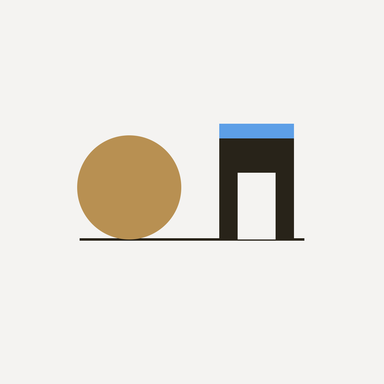 A gold circle balanced against a simple dark structural block, representing physical gold, a home and investment property.