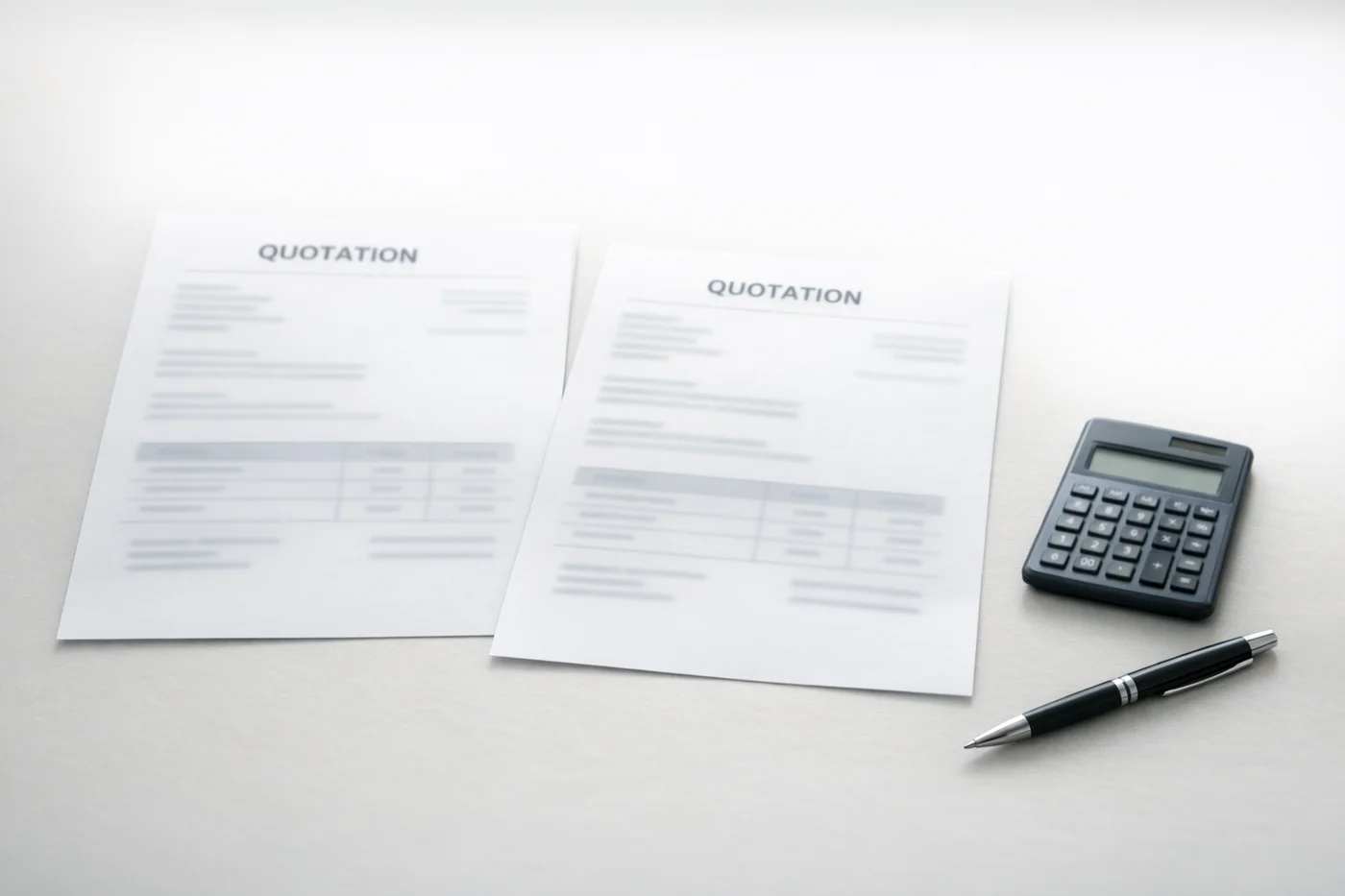 Two written gold quotes side by side on a desk with a calculator and pen