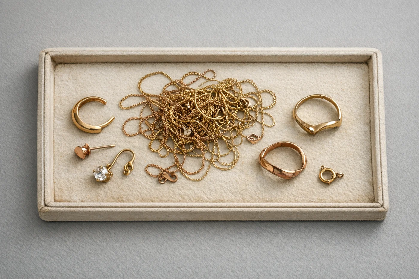 Broken gold chains, odd earrings, and rings on a jeweller's tray