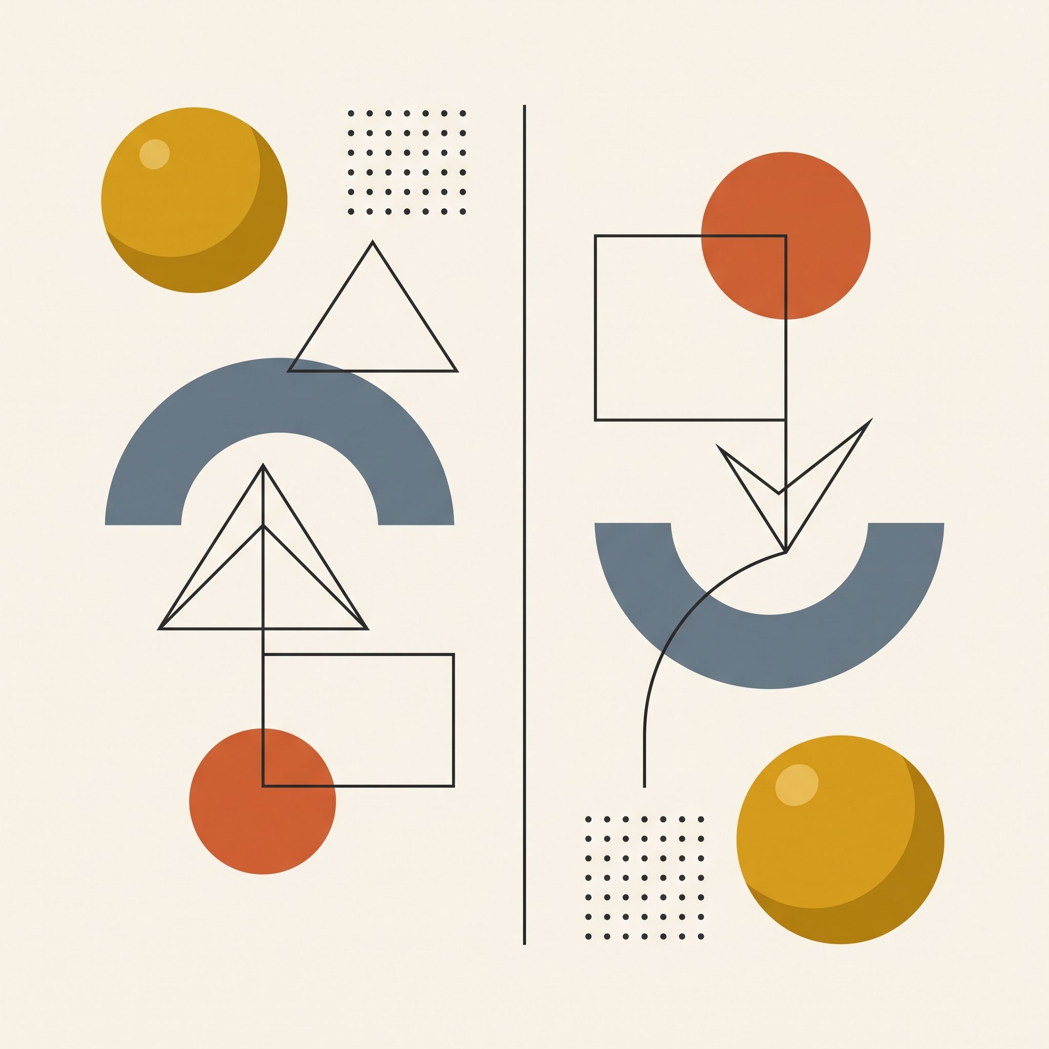 Bauhaus-style geometric vector illustration with colorful shapes and wireframes on a cream background.