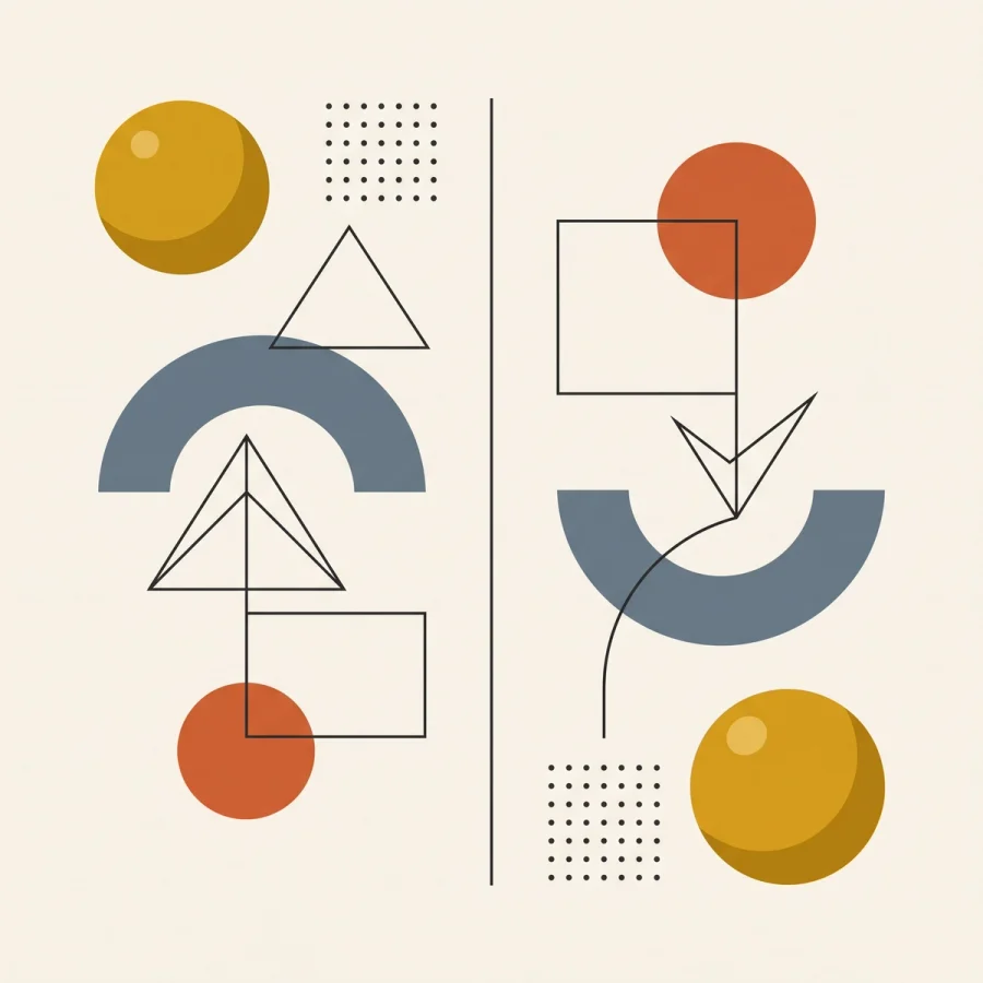 Bauhaus-style geometric vector illustration with colorful shapes and wireframes on a cream background.