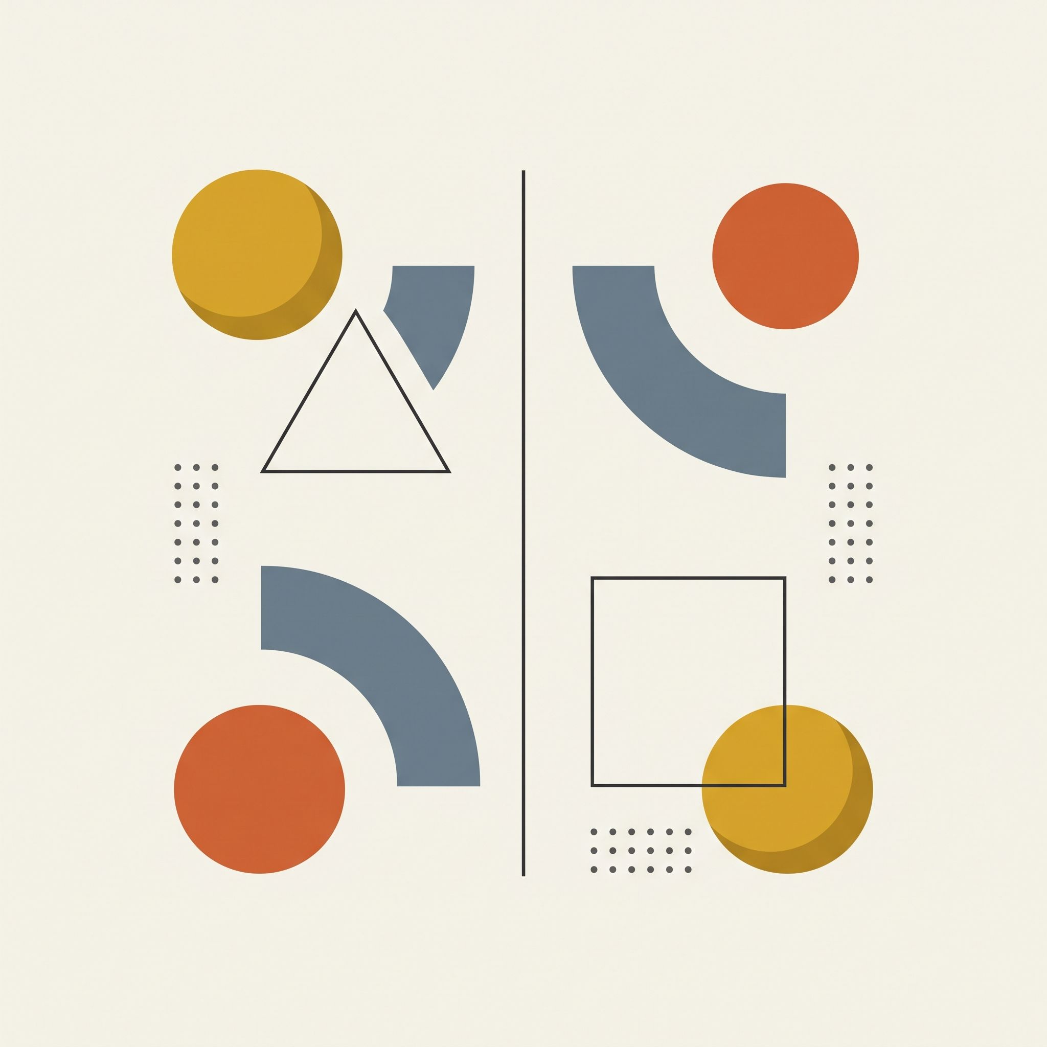 Minimalist geometric vector illustration in Bauhaus style featuring mustard, terracotta, and slate shapes on cream.