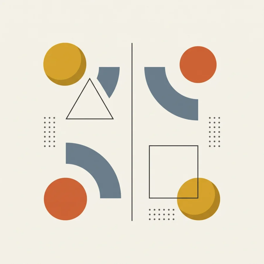 Minimalist geometric vector illustration in Bauhaus style featuring mustard, terracotta, and slate shapes on cream.