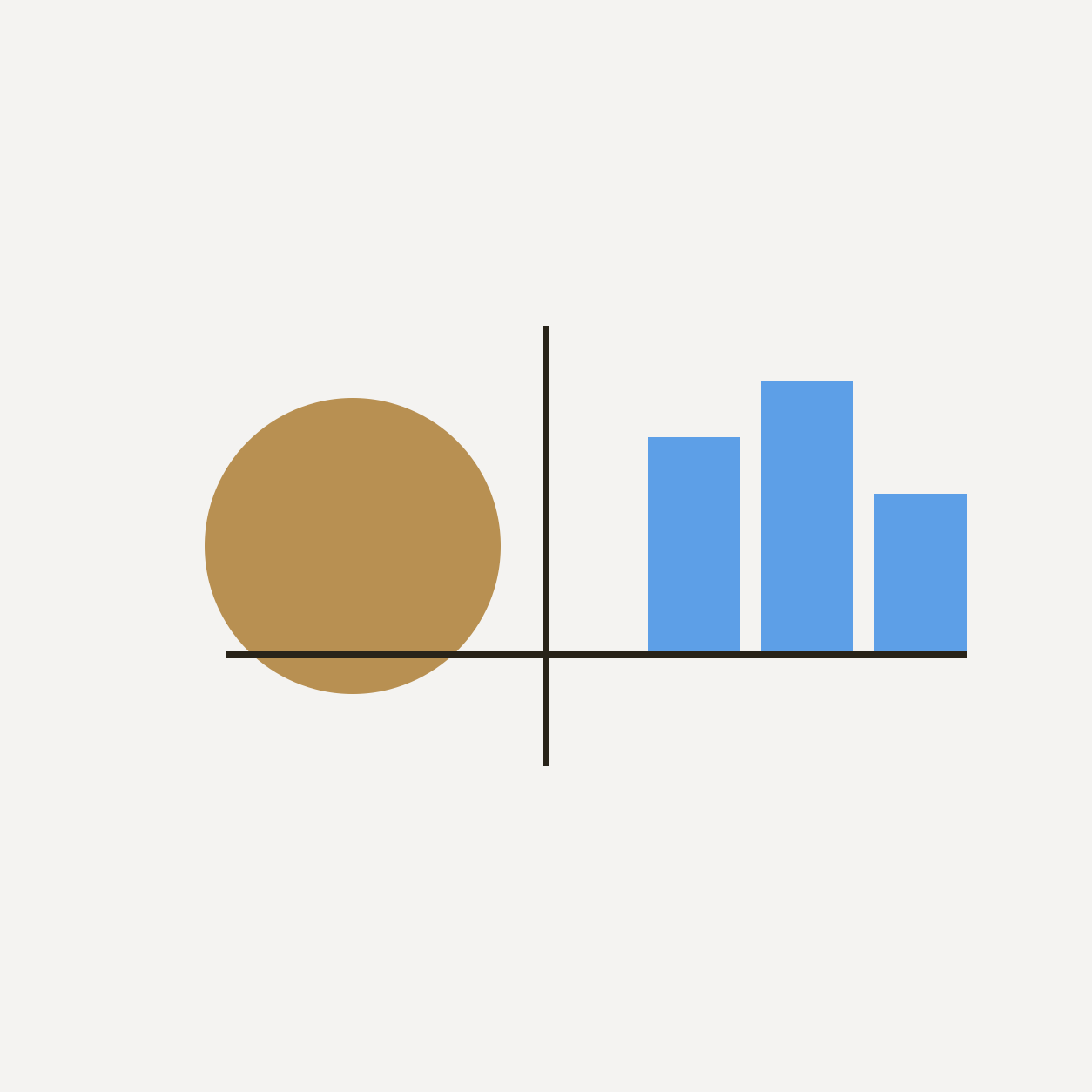 A gold circle and a restrained blue group of structured blocks on a shared baseline, representing physical gold and a FTSE 100 tracker.