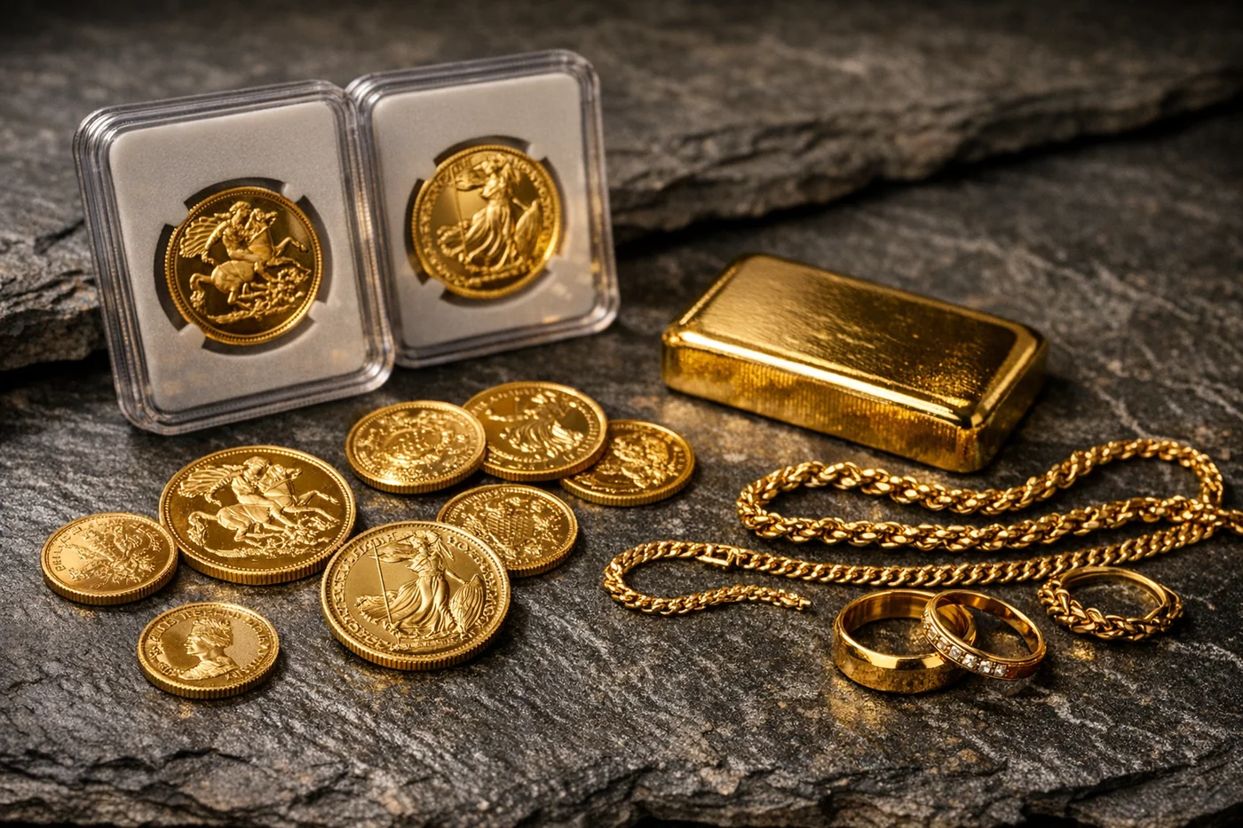 Gold coins, graded coins in slabs, a minted gold bar and gold jewellery laid out for valuation