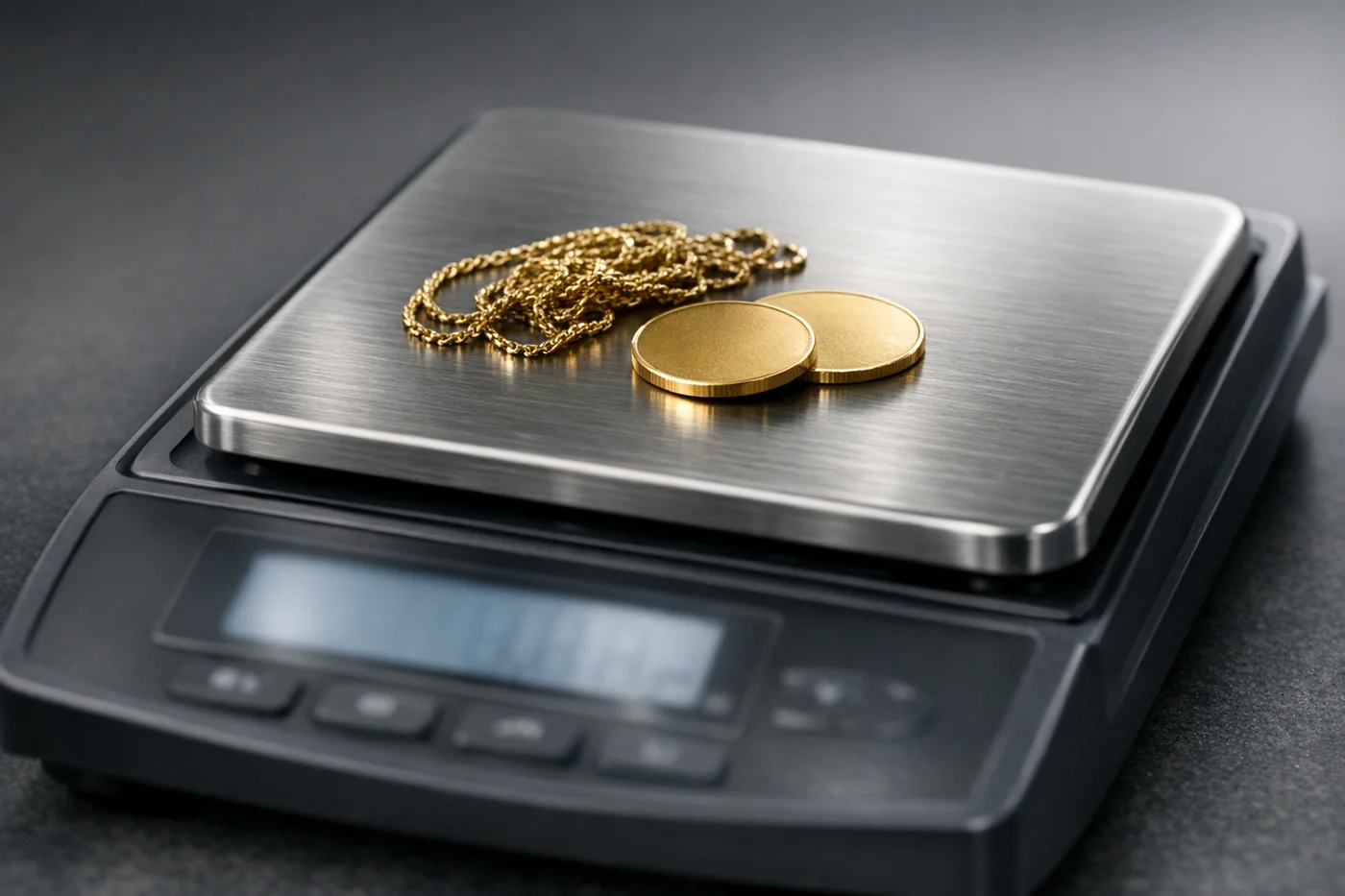 Gold jewellery and coins being weighed on a precision digital scale at a dealer counter