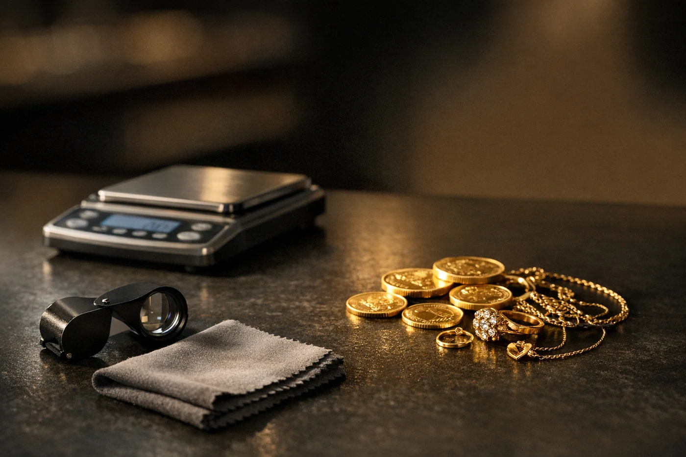 Precision scale, loupe and gold items on a showroom counter during a private valuation