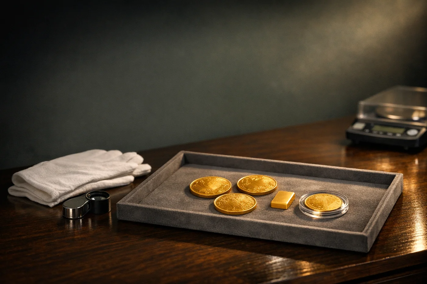 Gold bullion coins and a small bar on a dealer's tray with gloves, a loupe and a scale