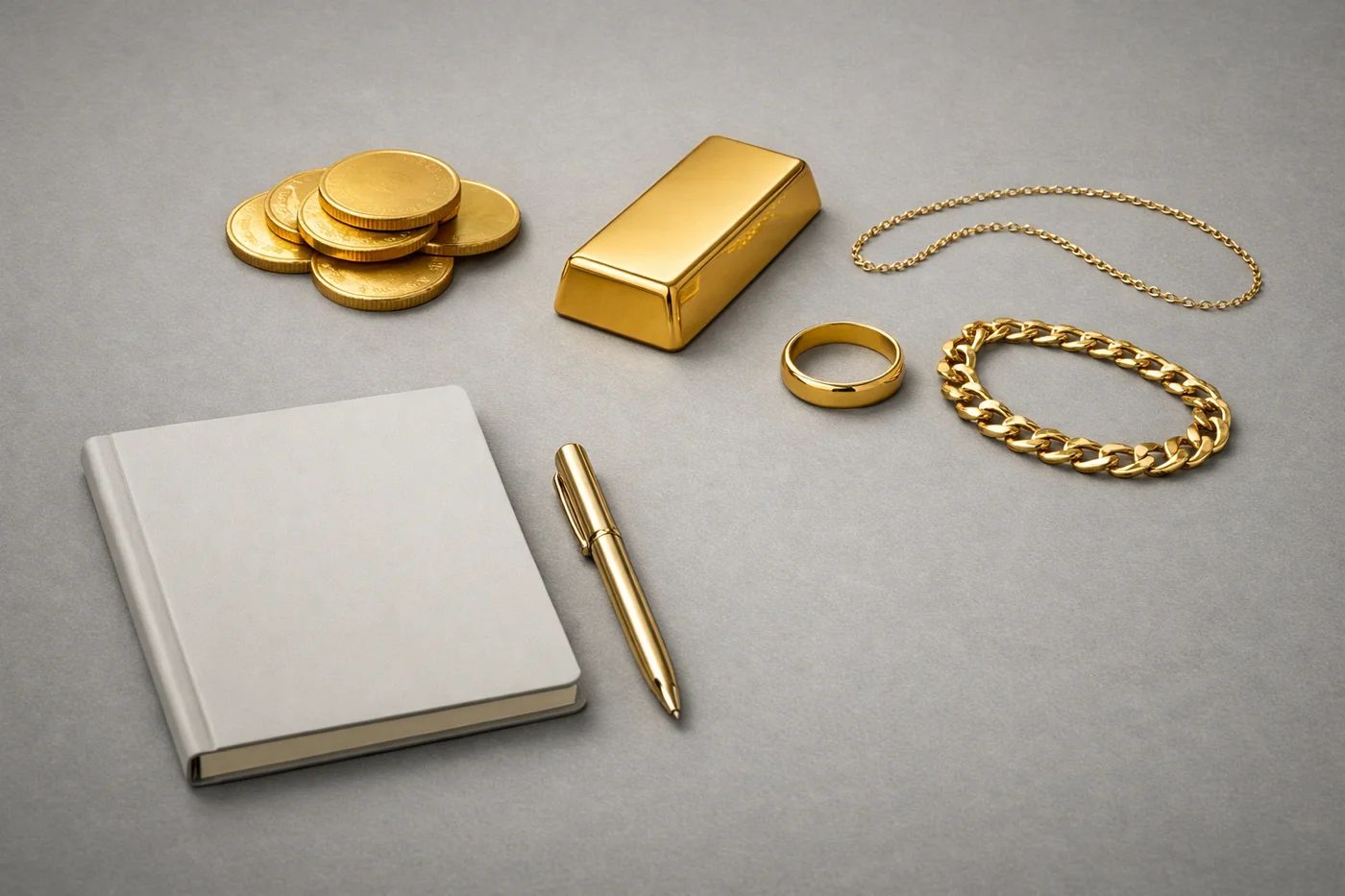 Gold coins, a small bar and jewellery sorted on a neutral surface beside a notebook