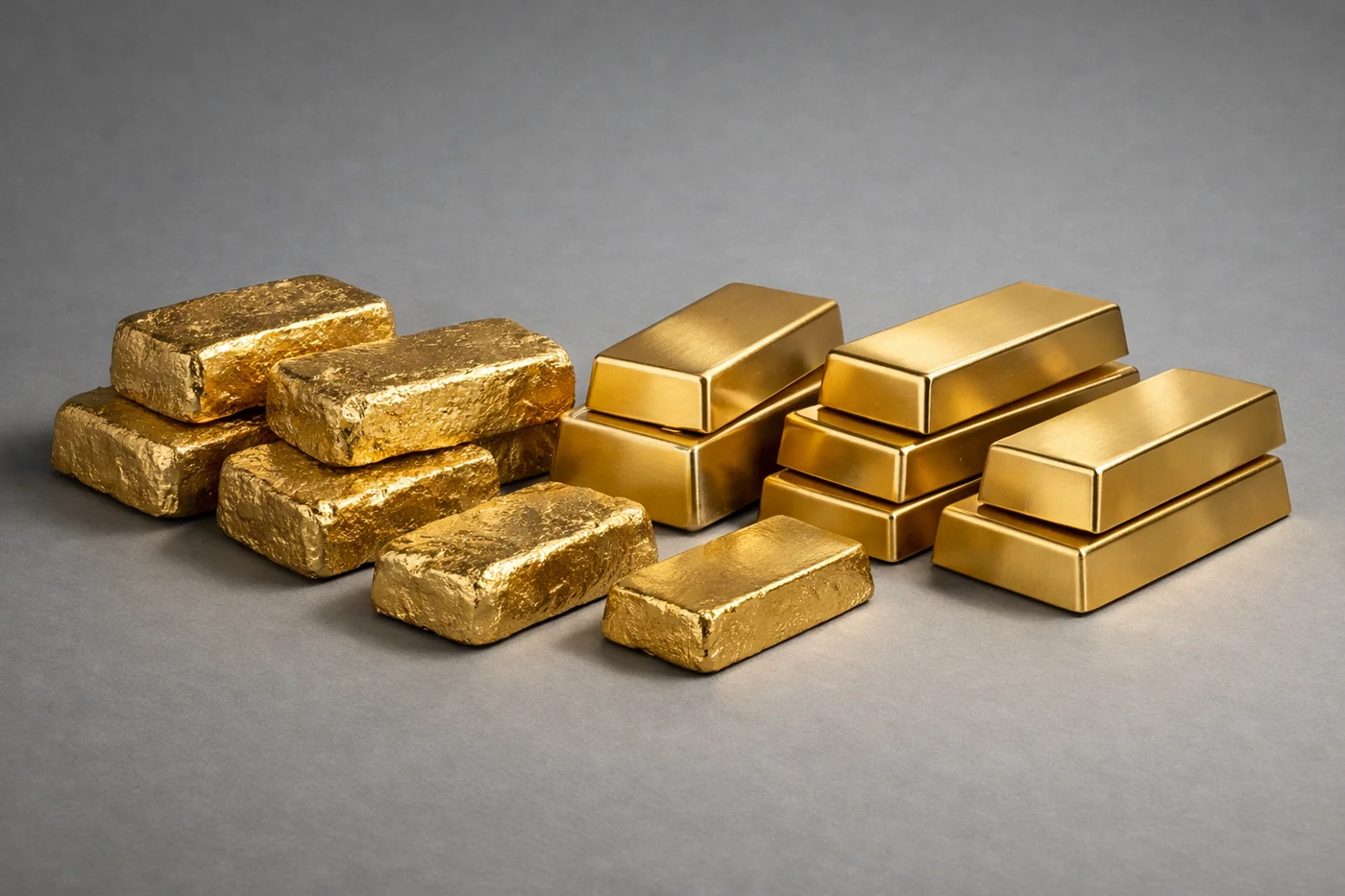Cast and minted gold bullion bars in mixed sizes on a neutral surface