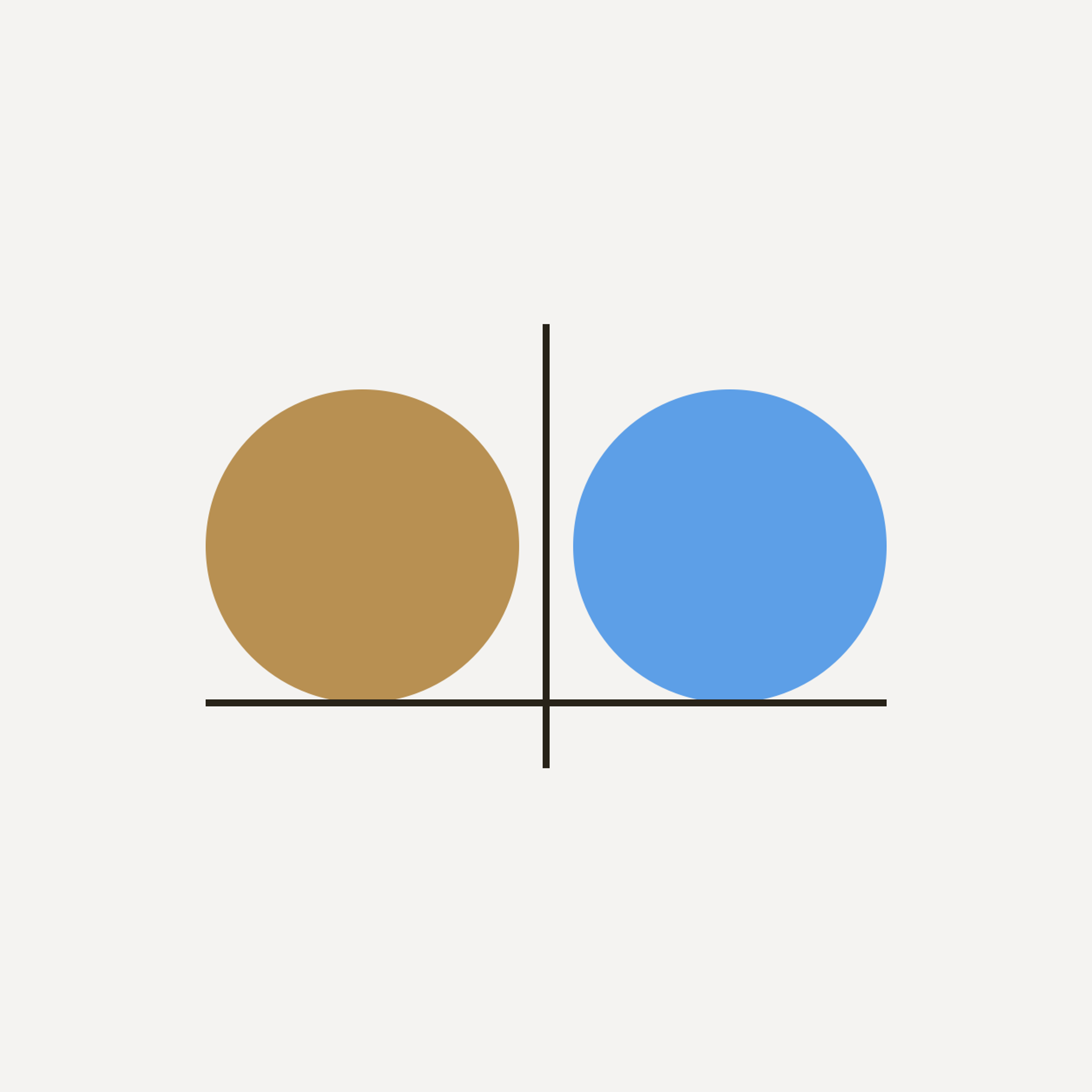 A gold circle and a blue circle separated by a fine comparison rule, representing physical gold and direct Bitcoin ownership.