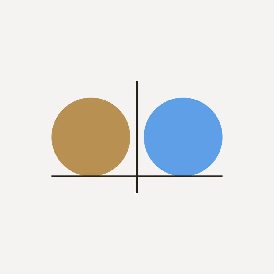 A gold circle and a blue circle separated by a fine comparison rule, representing physical gold and direct Bitcoin ownership.