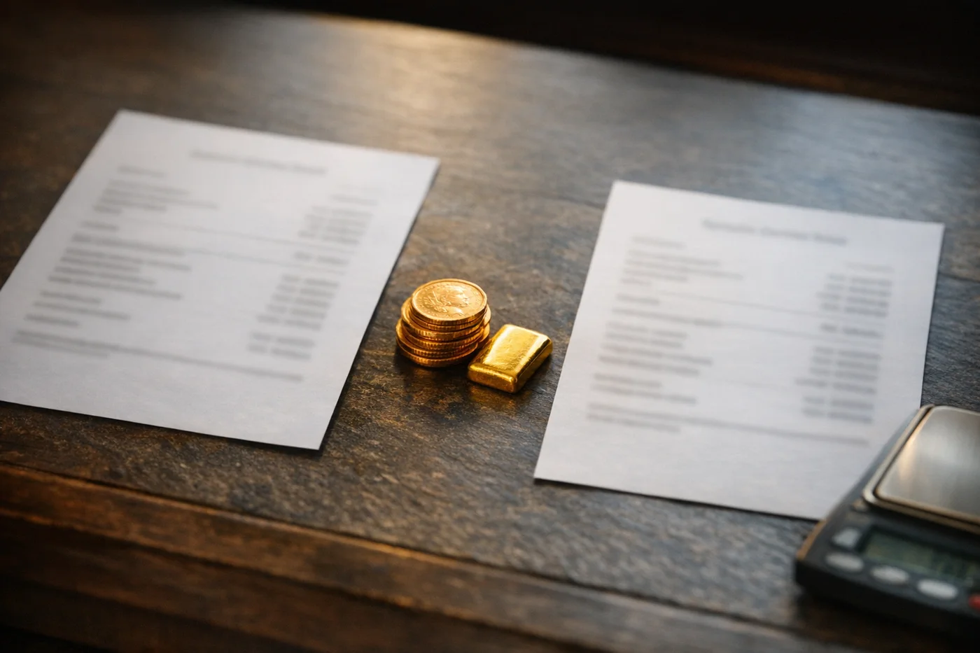 A stack of gold bullion coins beside purchase documents and a digital scale on a desk