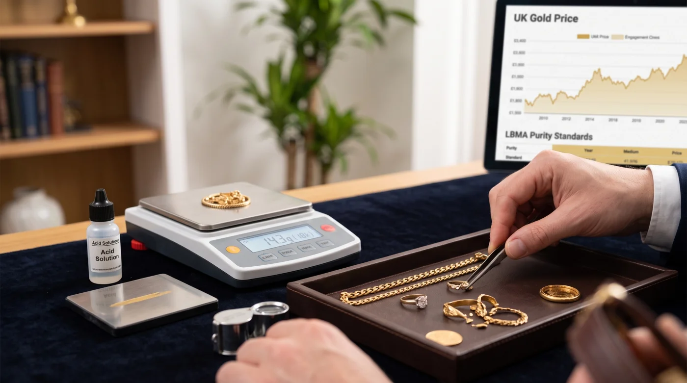 Professional gold valuation desk with jewellery, scale, and live price chart.