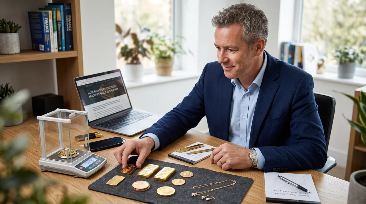 A professional evaluating gold coins, bars, and jewelry on a wooden desk next to a scale and laptop.