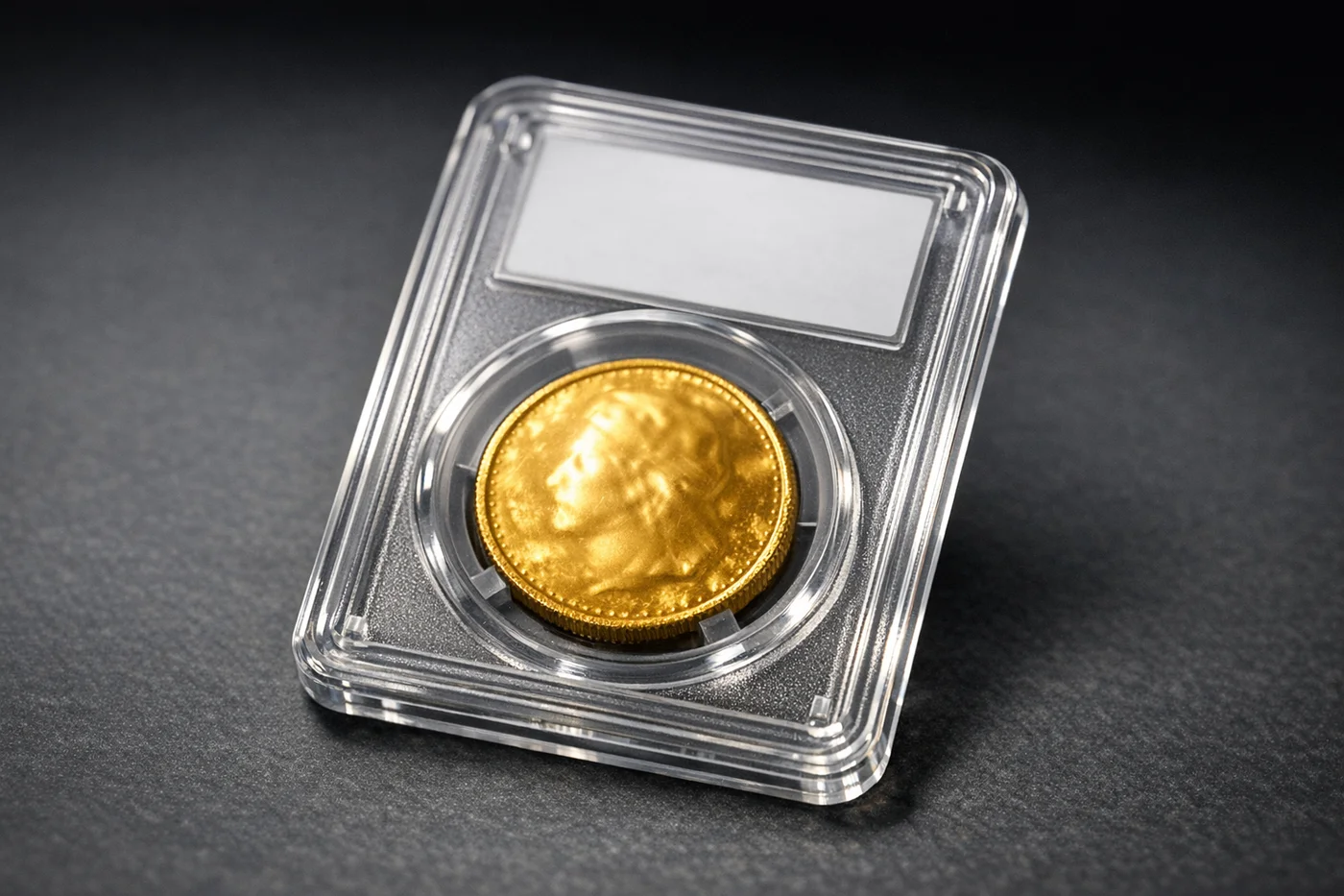 A gold coin sealed in a clear plastic grading slab on a dark surface